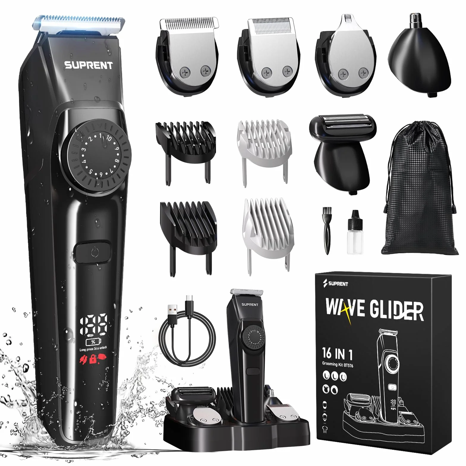 SUPRENT Regolabarba Uomo Professionale IPX7 Impermeabile Rasoio Elettrico Barba e Capelli