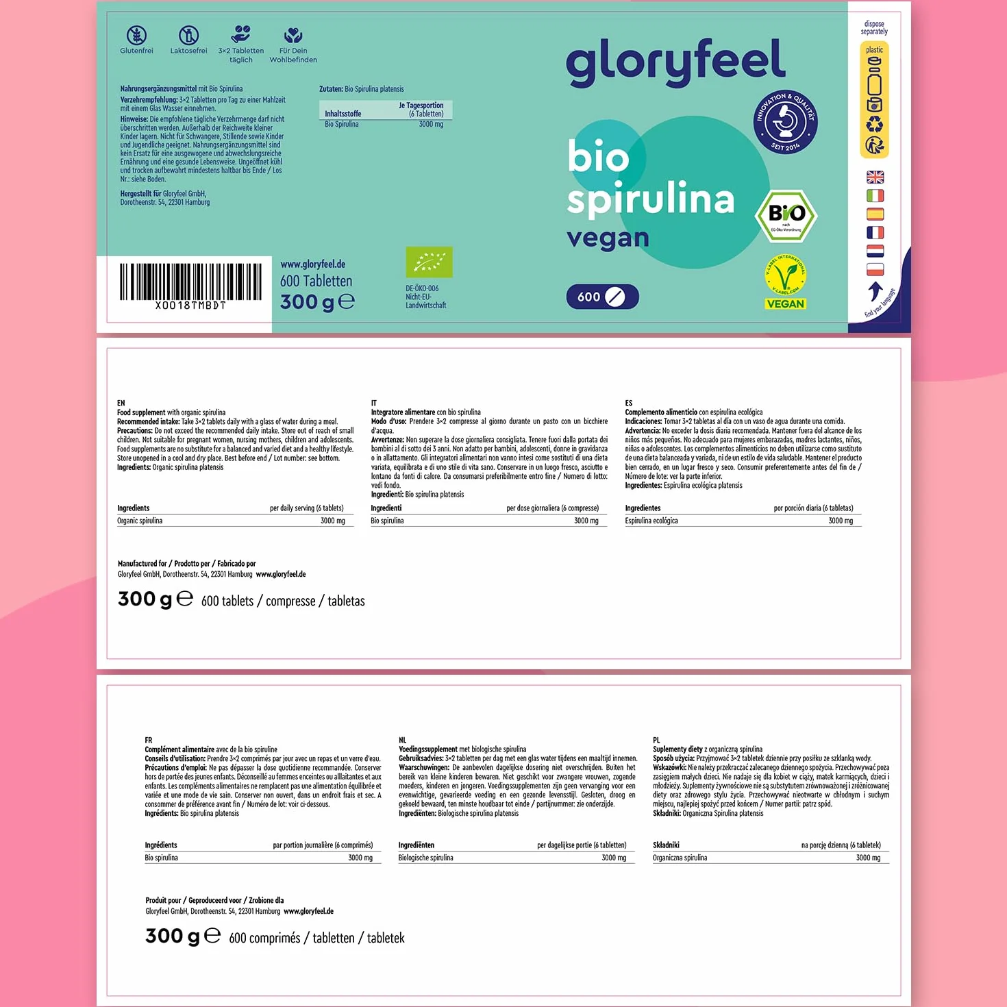 Spirulina Bio 600 compresse 500 mg Alto dosaggio Ricca di ficocianina proteine vitamine Alga pura Analizzata Confezionata Germania Vegan senza Additivi