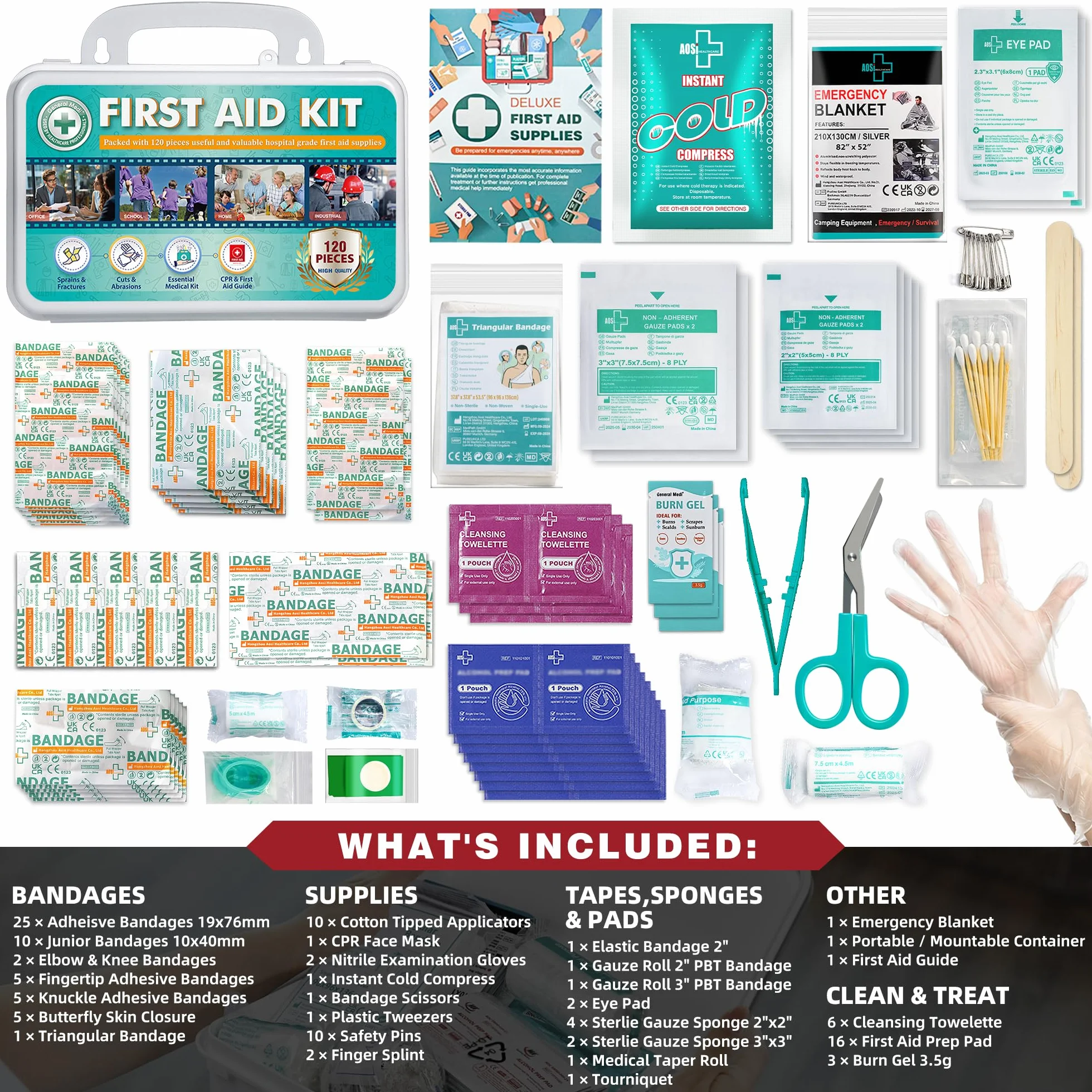 General Medi Set di pronto soccorso – 120 pezzi Premium kit di pronto soccorso per casa, auto, viaggi, ufficio, sport, escursionismo, campeggio, soccorso