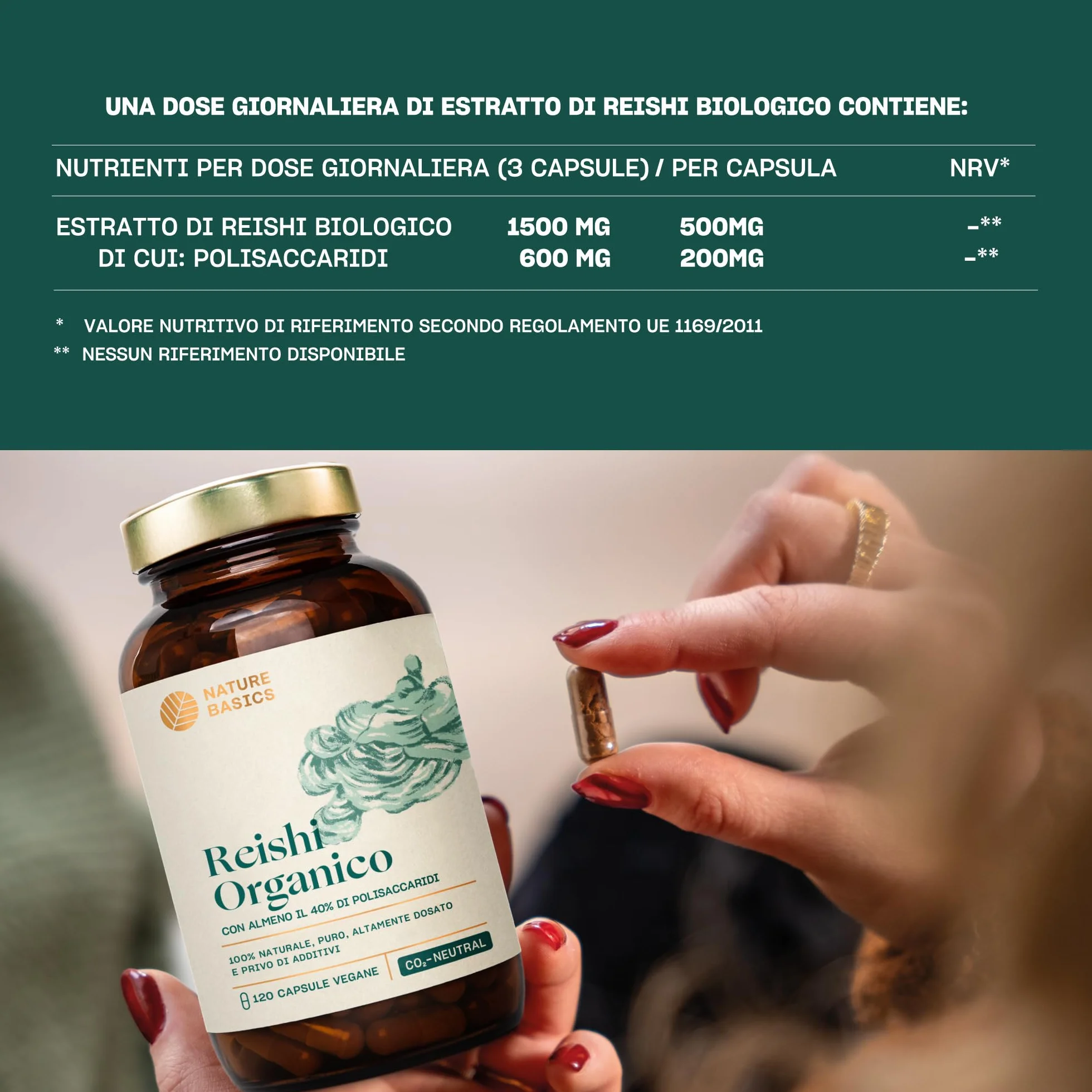Reishi biologico - 120 capsule ad alto dosaggio / 1500 mg di estratto di Reishi biologico di alta qualità con 600 mg di polisaccaridi per dose giornaliera/Vegano e certificato