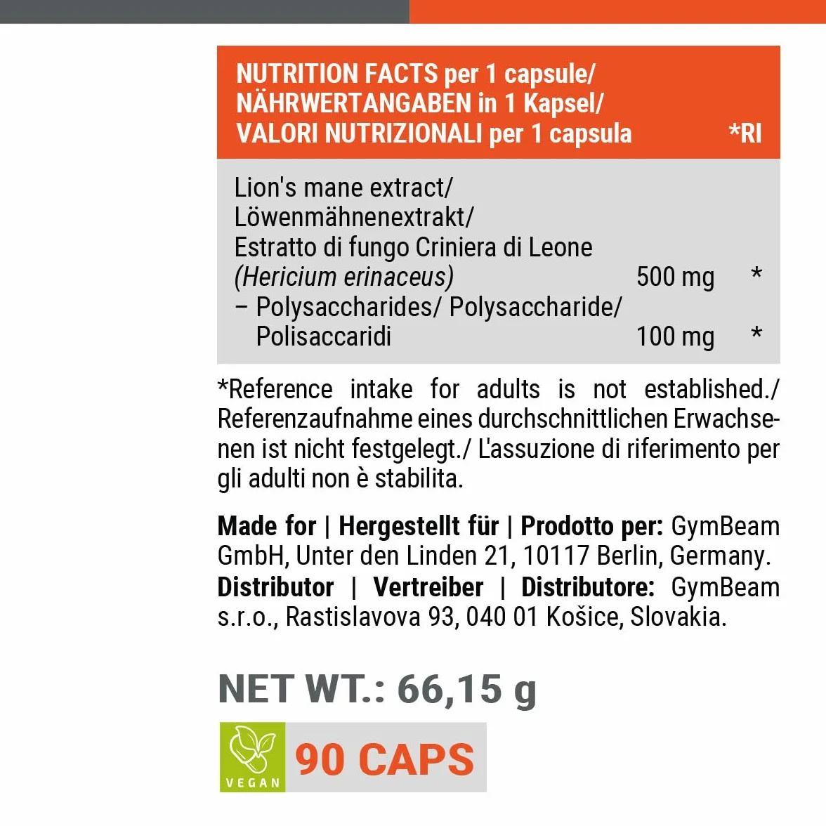 GymBeam Estratto di Hericium (Criniera di Leone), Fungo di Criniera, Hericium Erinaceus, Lions Mane, Nootropico per Memoria e Concentrazione, 20% Polisaccaridi, Capsule Vegane