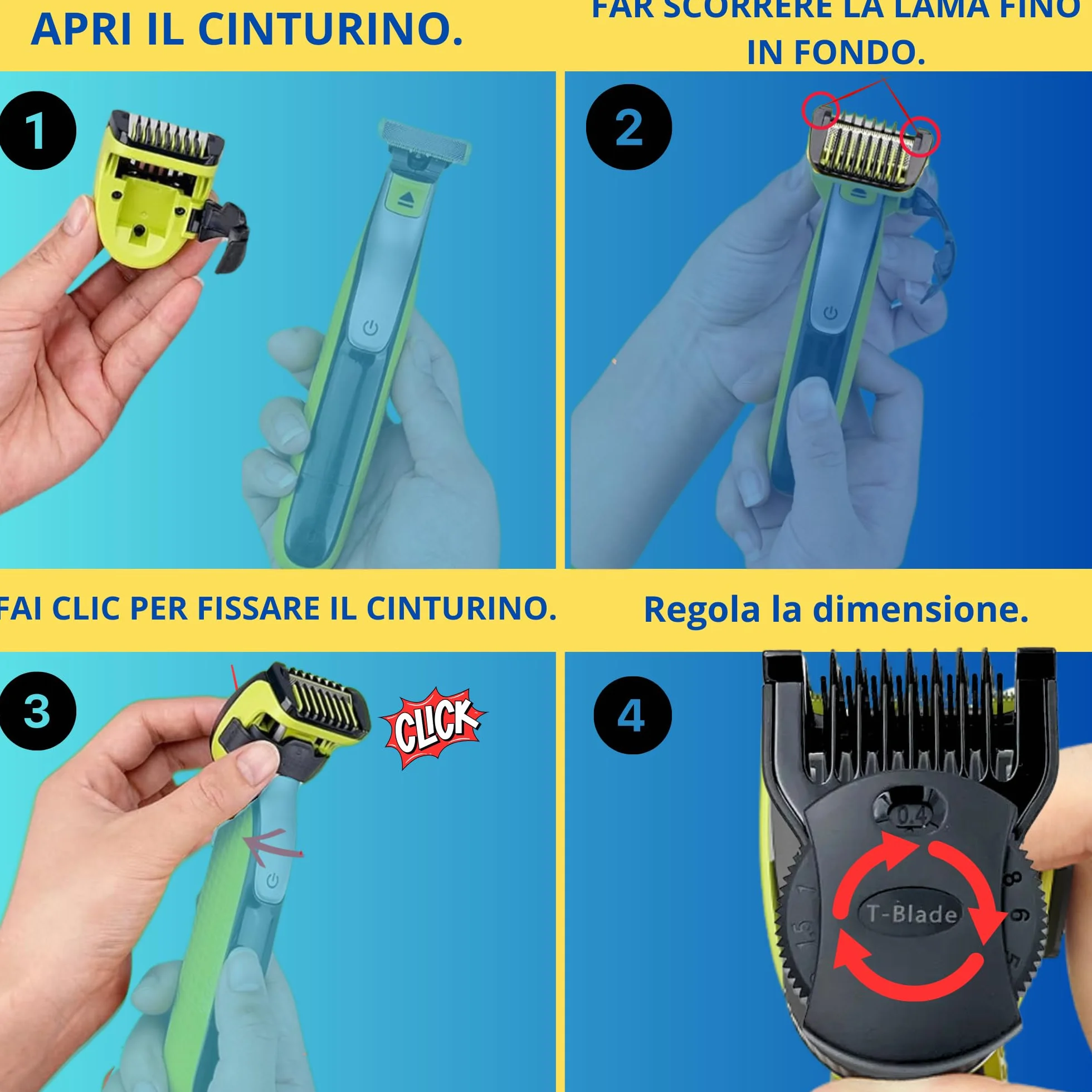 Zoccolo brevettato V2 compatibile con One Blade Visage+Corpo QP2520,QP2530,QP2620,QP2630,QP27xx,QP28xx, con protezione pelle, pettine corpo, spazzola - Euipo Patent : 015048382-0001