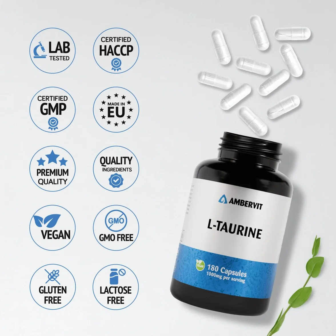 Ambervit Taurina Integratore 1000 mg 180 capsule Aminoacido Vegano Alto Dosaggio Senza Riempitivi Artificiali Senza Glutine