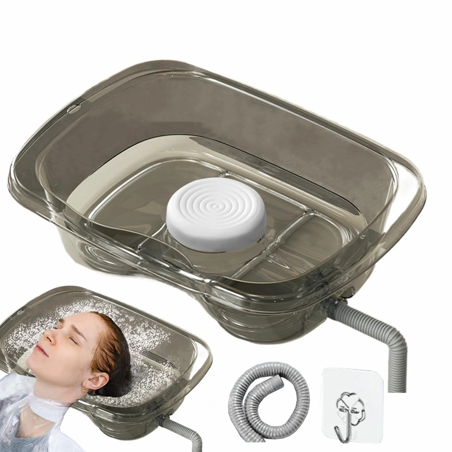 Lavatesta con tubo di scarico e gancio adesivo per persone costrette a letto, disabili, gravidanze, anziani