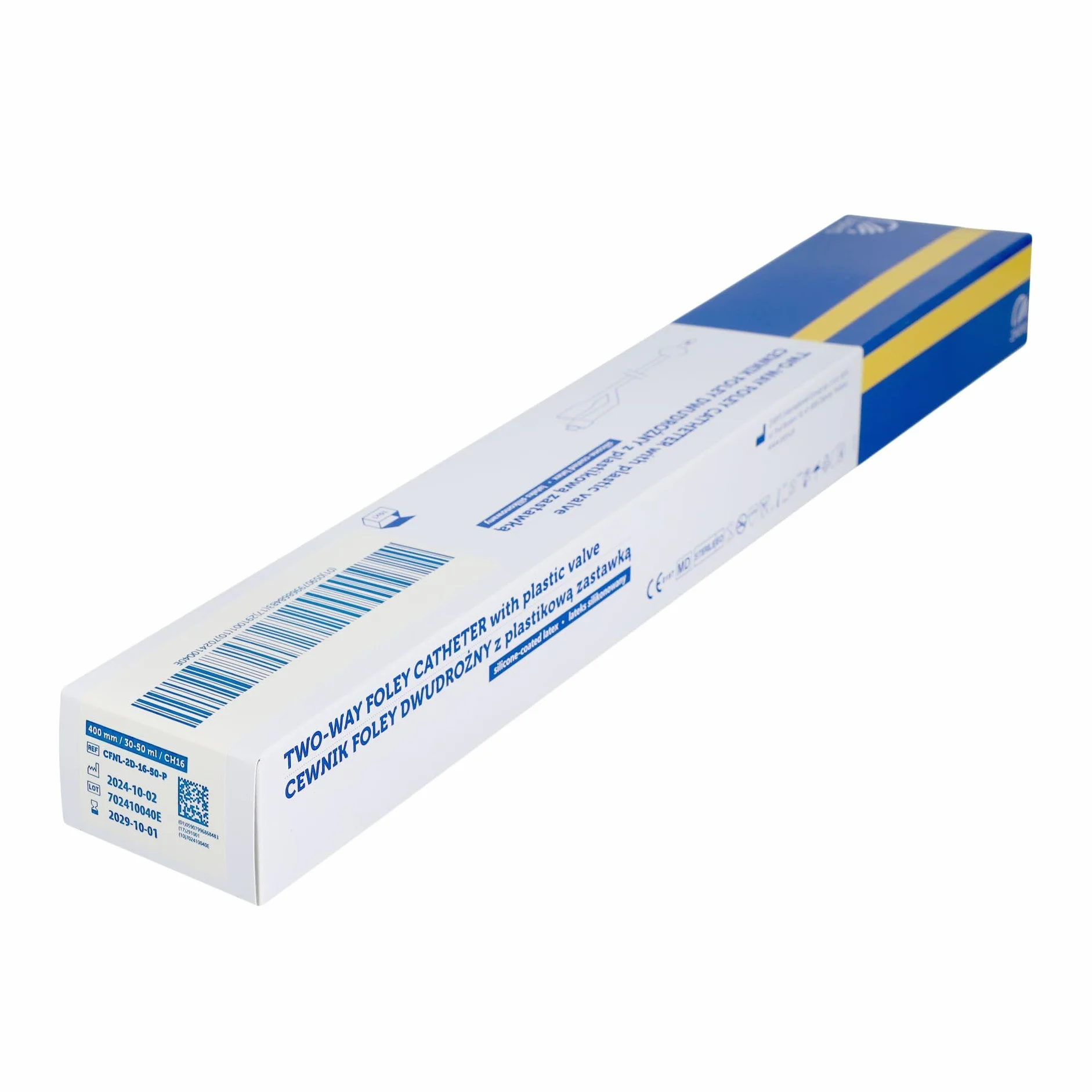 Sonda Foley a due vie con valvola in plastica CH 16 (lattice rivestito in silicone), sterile, senza ftalati, palloncino da 30 a 50 ml
