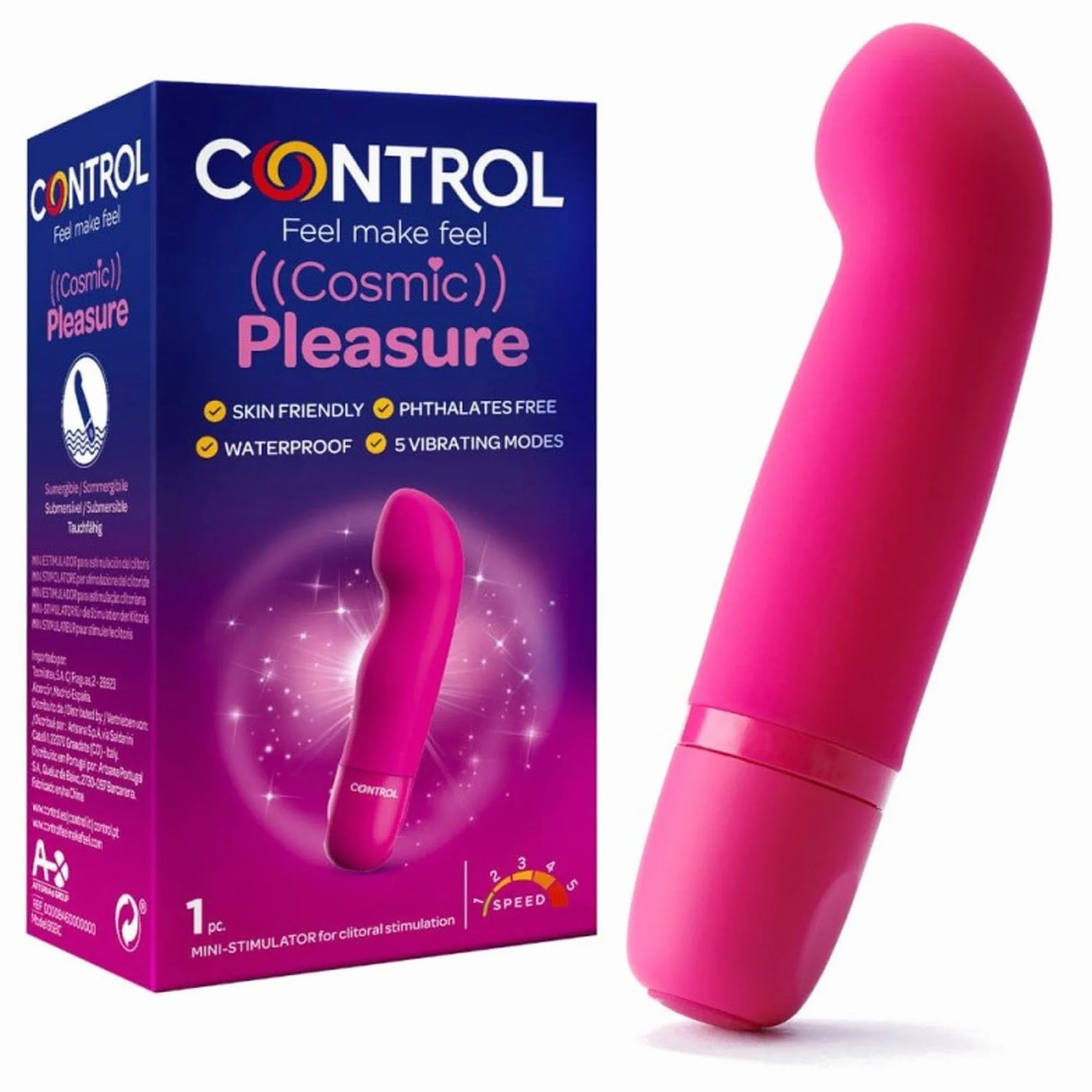 Control Cosmic Pleasure, Mini Stimolatore con Design a Curva, Silicone medico senza Ftalati e Skin Friendly, Impermeabile e sommergibile (IPX7)