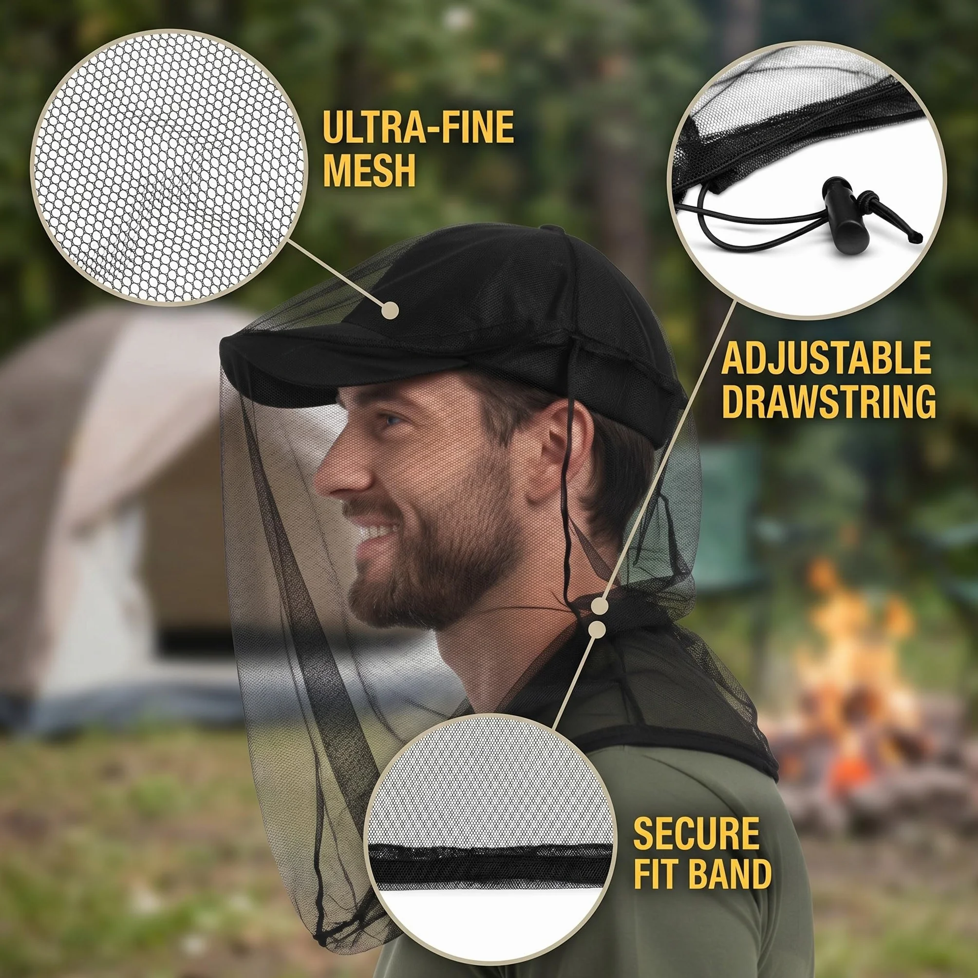 Cappello con Rete Antizanzare 46x46cm, Protezione Insetti Viso e Collo, per Pesca Campeggio Apicoltura, Nero Verde Militare