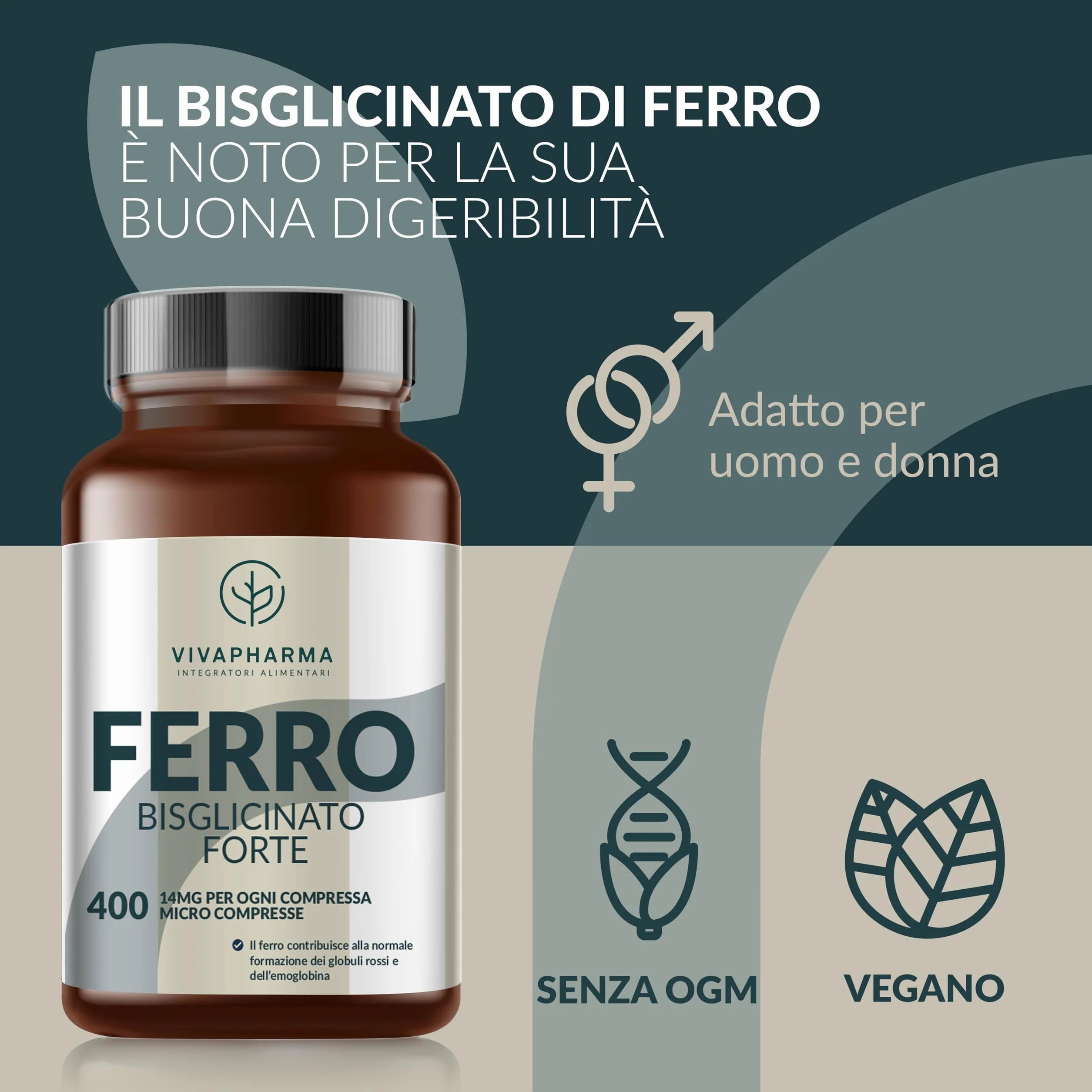 Integratore Ferro Bisglicinato per Donne e Uomini, 400 Micro Compresse Vegane 14mg per Compressa (12+ mesi) Contribuisce al Normale Metabolismo Energetico, Senza OGM e Magnesio Stearato, Made in Italy