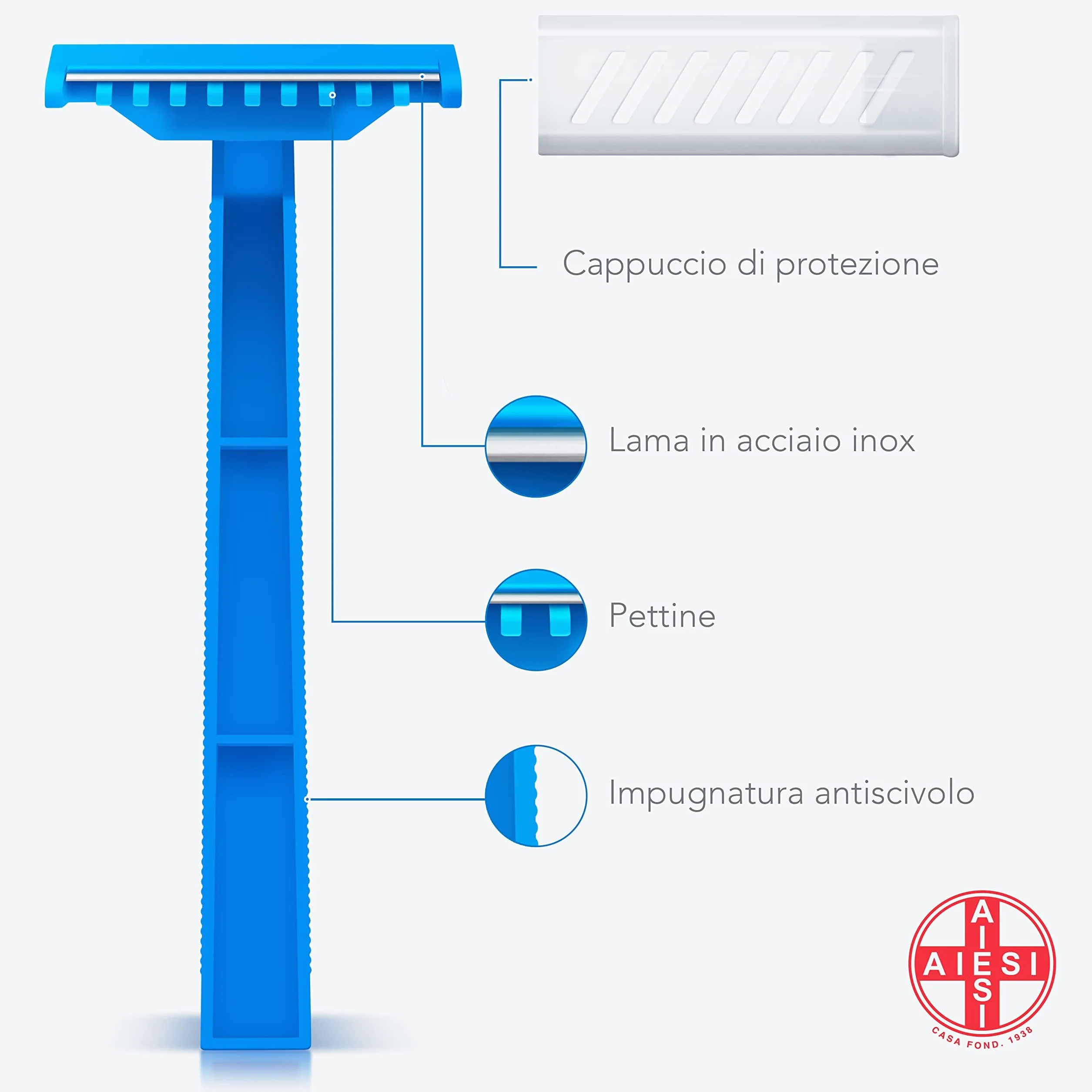 AIESI® Rasoi monouso per tricotomia monolama (100 pezzi) in acciaio inox con pettine e cappuccio di protezione