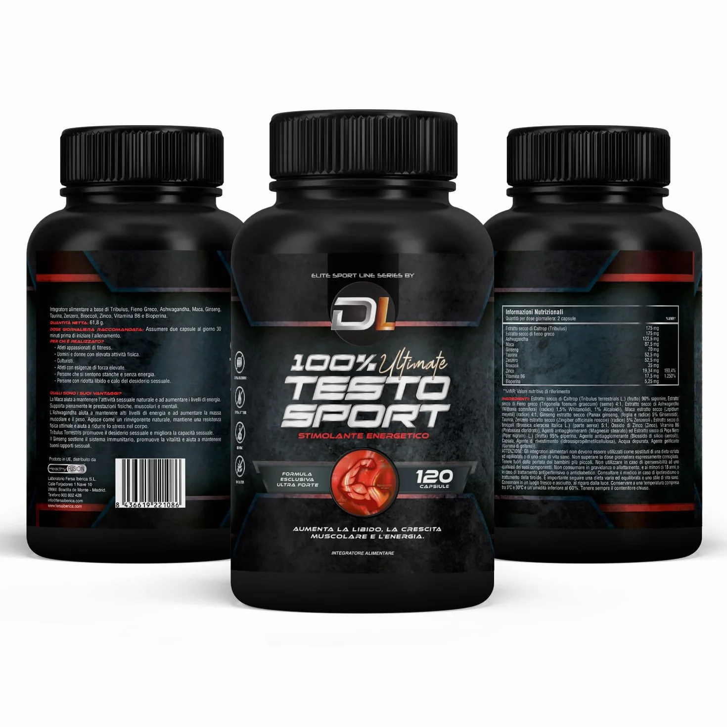 Healthy Fusion 100% ULTIMATE TESTOSPORT | Booster con Maca, aAhwagandha e Tribulus | Efficace potenziatore sessuale | Aumenta la massa muscolare | Energia e le prestazioni sportive | 120 capsule