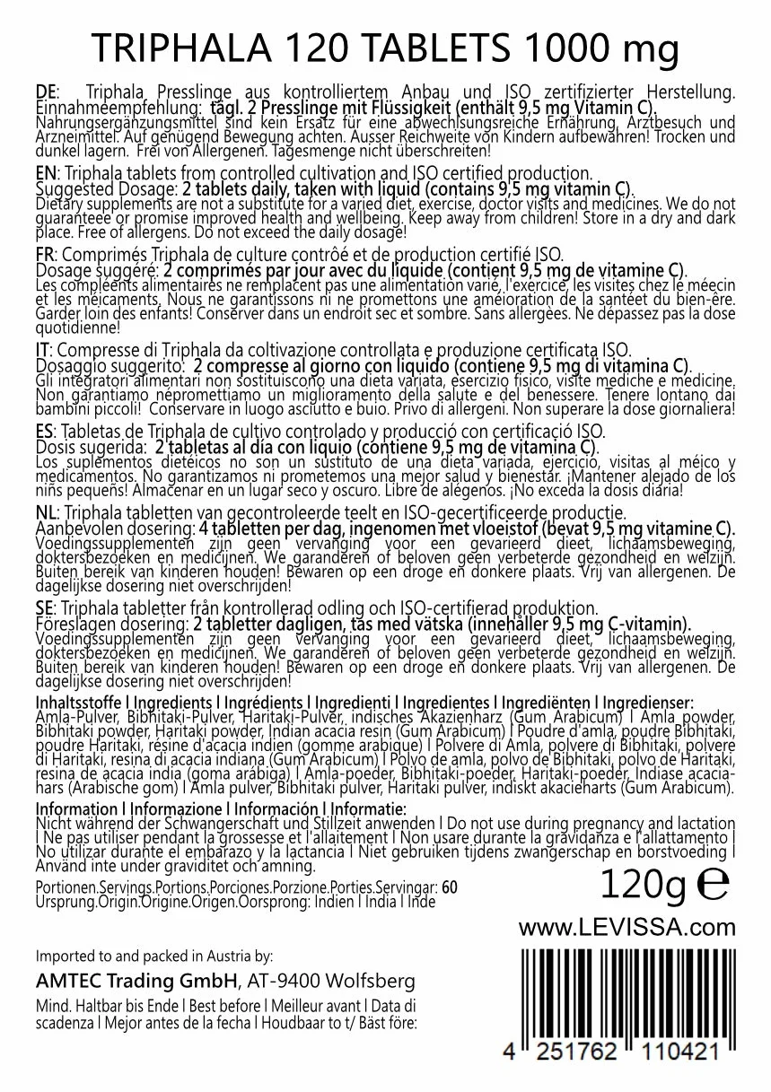 Triphala pellet 1000mg (120 o 360 pezzi) frutti reali ayurvedici Amla (Amalaki), Hiritaki, Bibhitaki - Prodotto di qualità di MoriVeda (120 compresse)