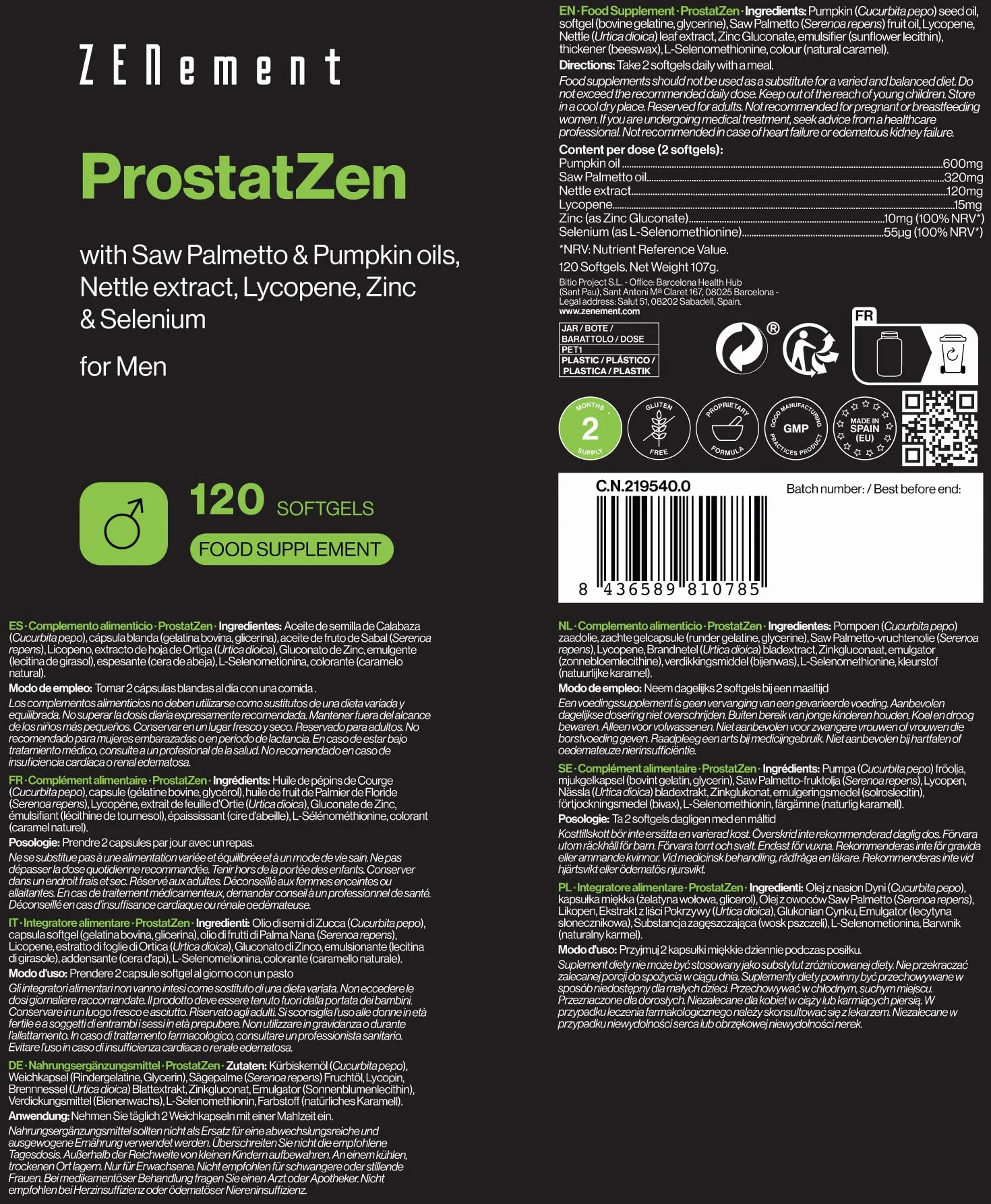 Zenement ProstatZen Saw Palmetto e Zucca 120 Capsule Softgel