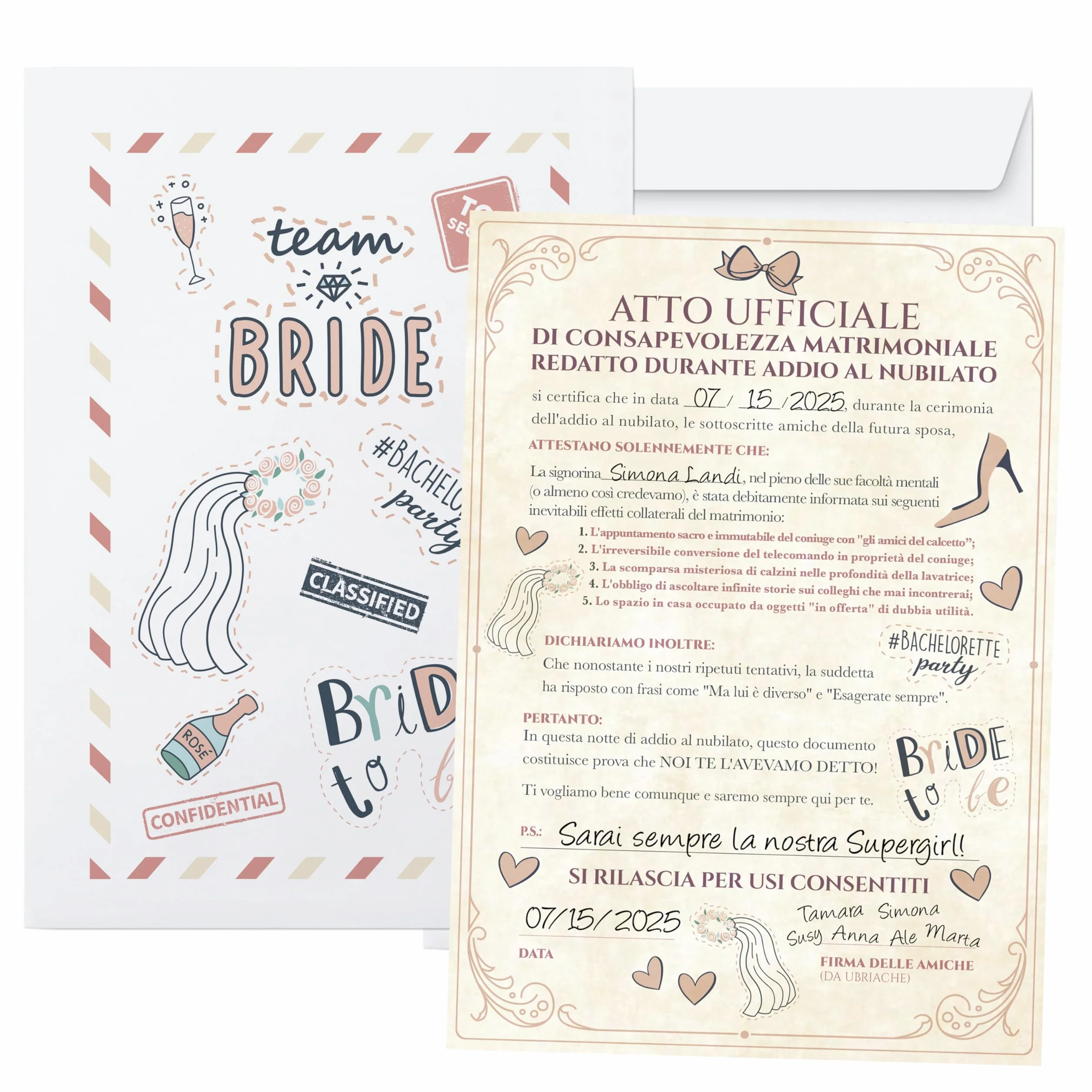 KAÏDENSÏ Gadget Addio al Nubilato Sposa - Pergamena Atto di Consapevolezza Matrimoniale - Accessori Team Bride Divertenti - Kit Idea Regalo Originale
