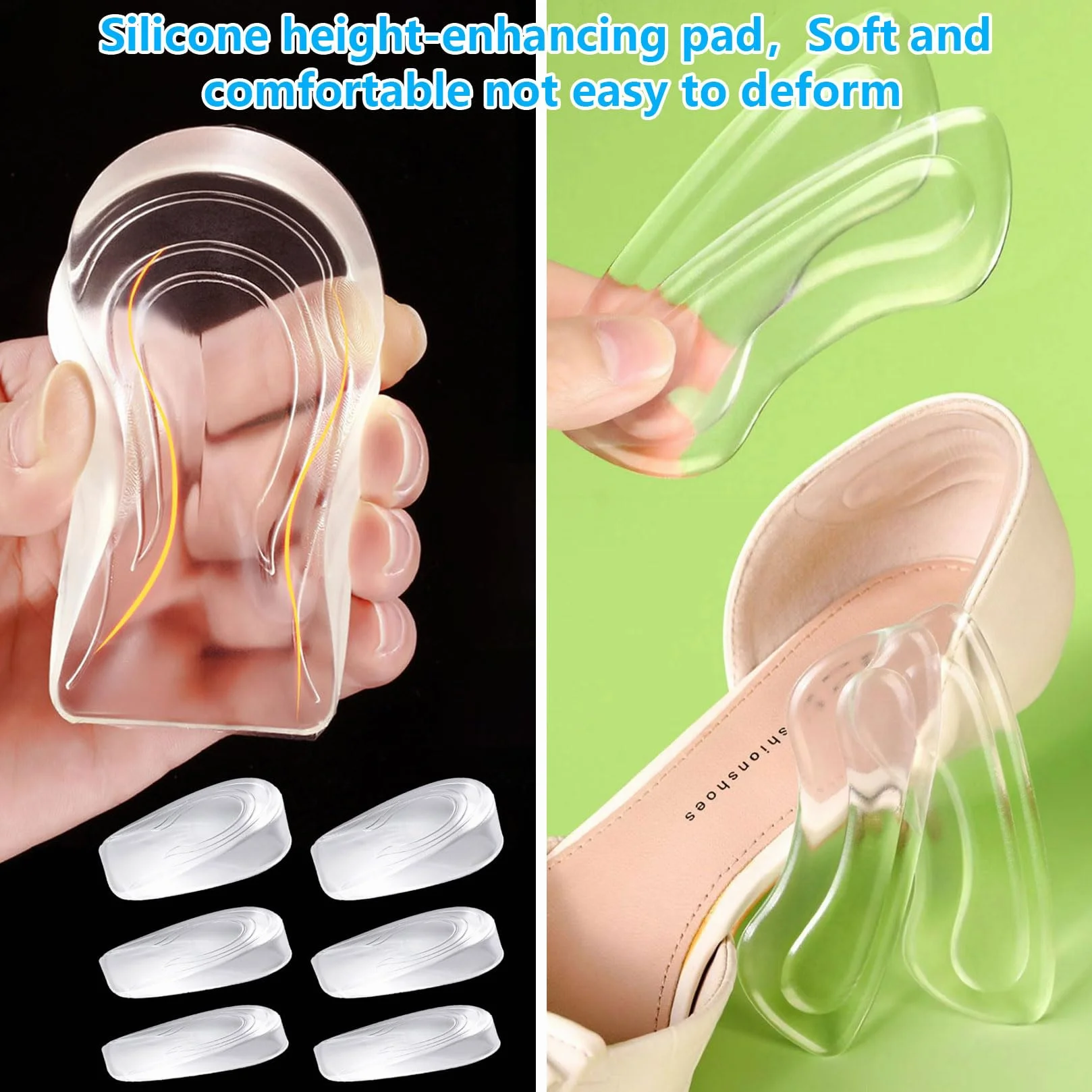3 Paia Altezza Aumentando Tallone Solette, 1/2/3cm Rialzo Tallone per Scarpe, Solette Rialzate Donna, Talloniera di Silicone di Altezza Solettes + 1 Paio Cuscinetti per Tallones