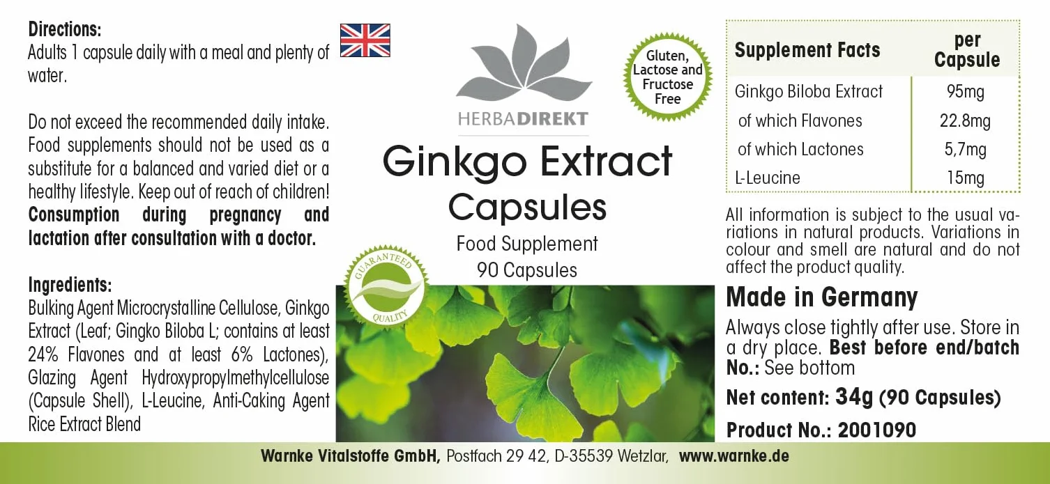 Estratto Ginkgo Biloba capsule 95mg - 90 capsule - almeno 24% di flavoni e almeno 6% di lattoni | HERBADIREKT by Warnke Vitalstoffe - Qualità da farmacia tedesca
