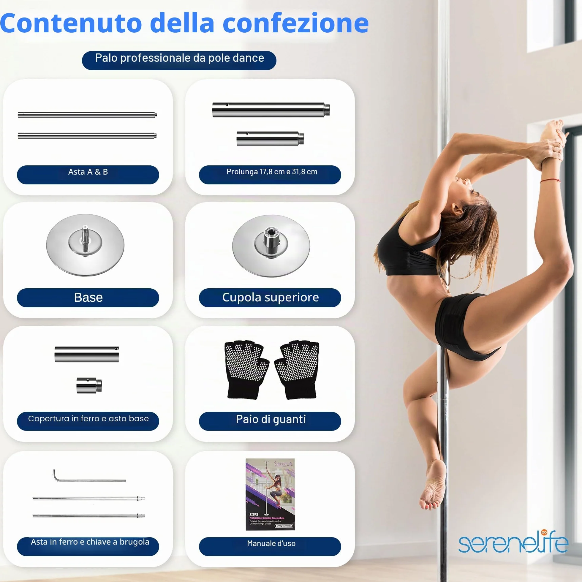 SereneLife Spinning Dance Pole - Portable & Removable Stripper Fitness Pole, Adjustable & Smooth Connection