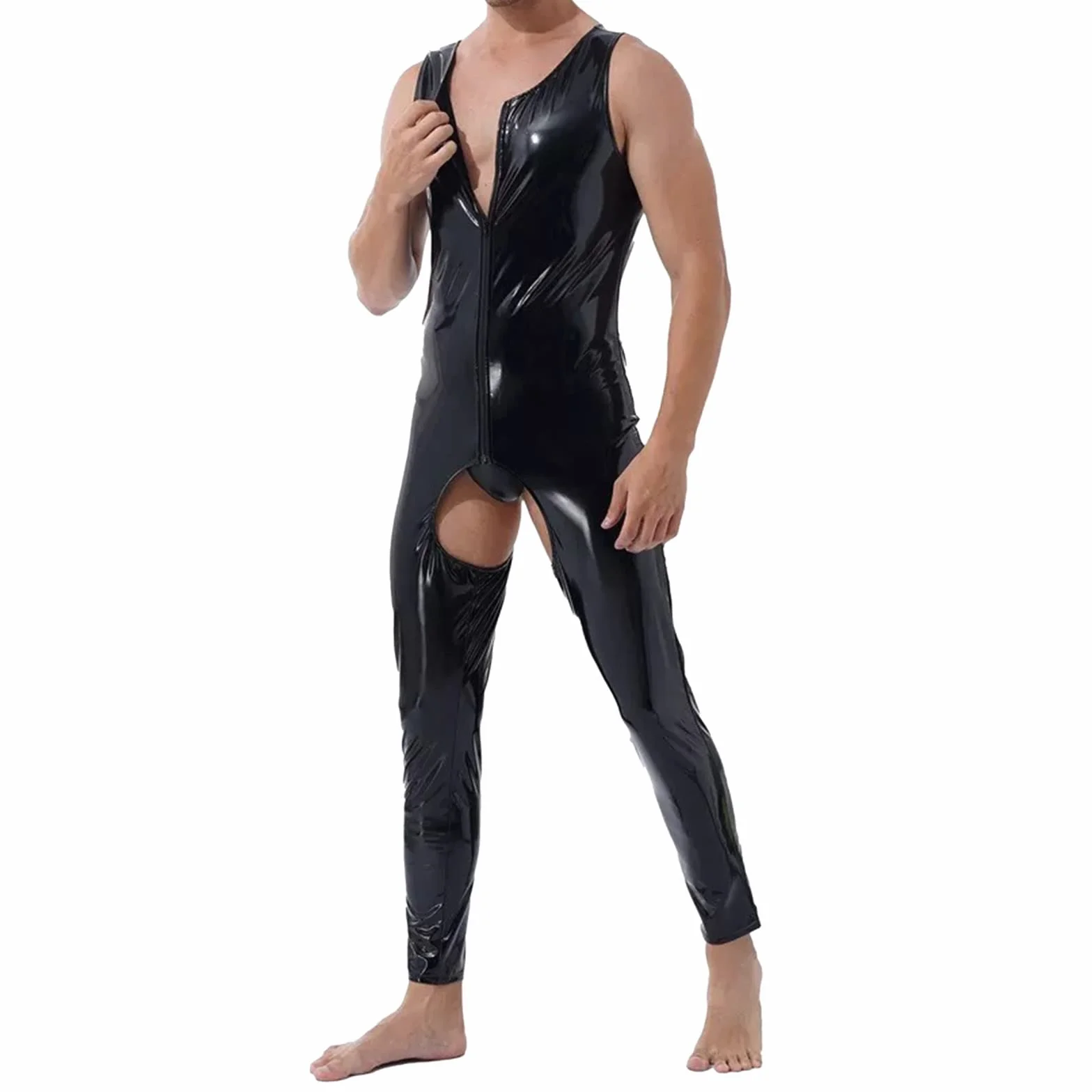 Lattice Catsuit uomo tuta da uomo in stile bagnato, materiale slim fit, lattice lucido, tuta sexy in pelle laccata, maglia da uomo, alla moda, per feste, clubwear, effetto laccato, effetto