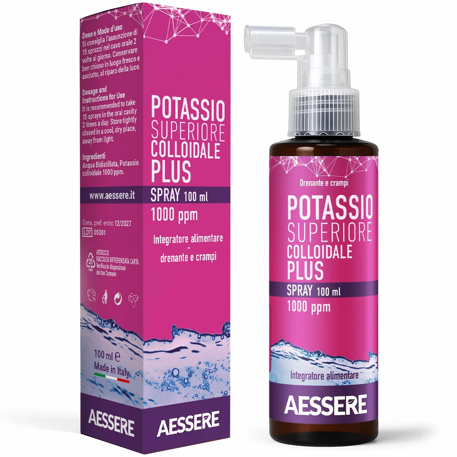Potassio Colloidale Spray - Integratore di Potassio Plus ad Alta Biodisponibilità 1000 ppm Supporto per Crampi, Muscoli e Sistema Nervoso, Senza Zuccheri, Gusto Neutro - Made in Italy- Aessere 100ml