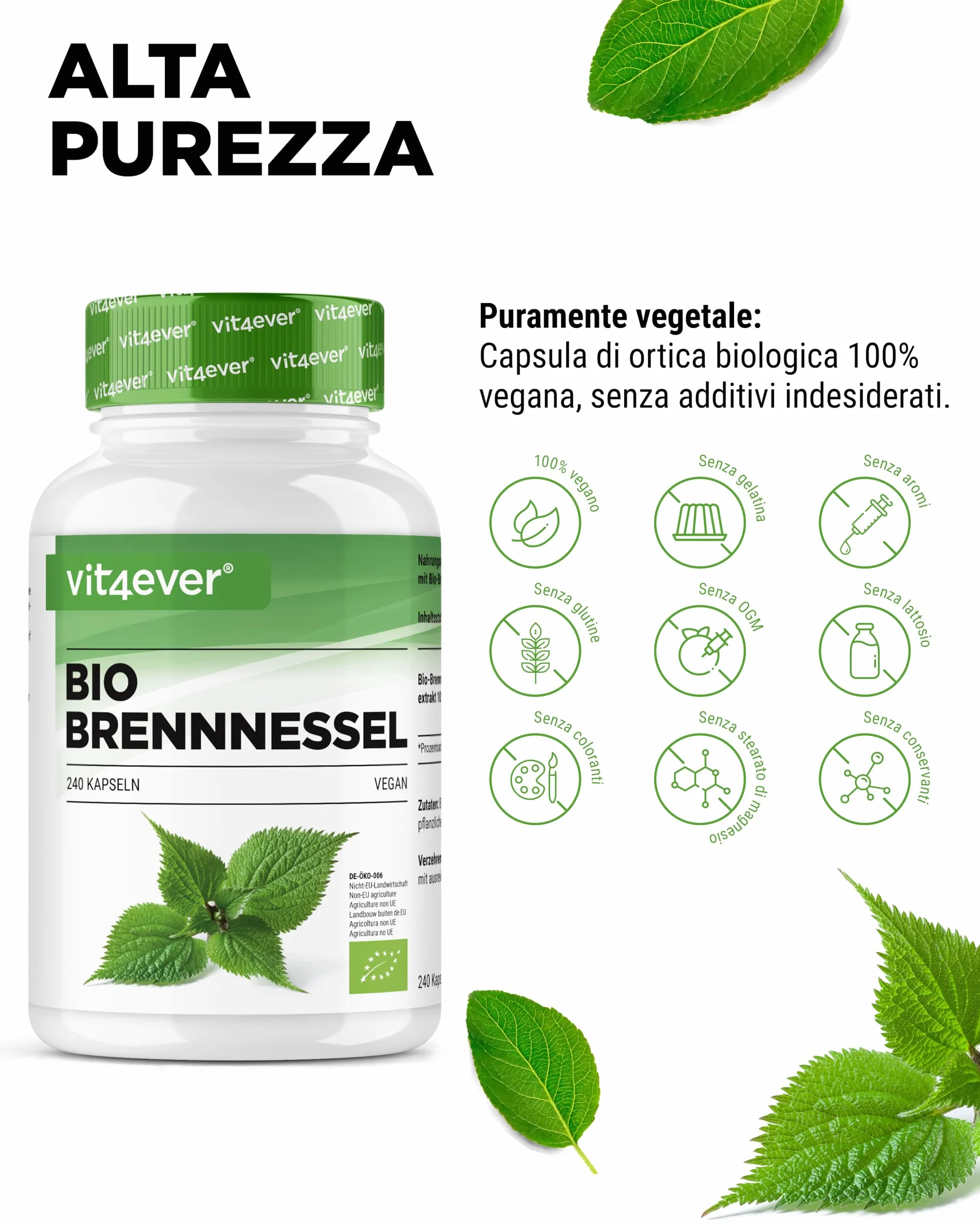 Ortica biologica 240 capsule 1000 mg per dose giornaliera Estratto 10:1 Vegan
