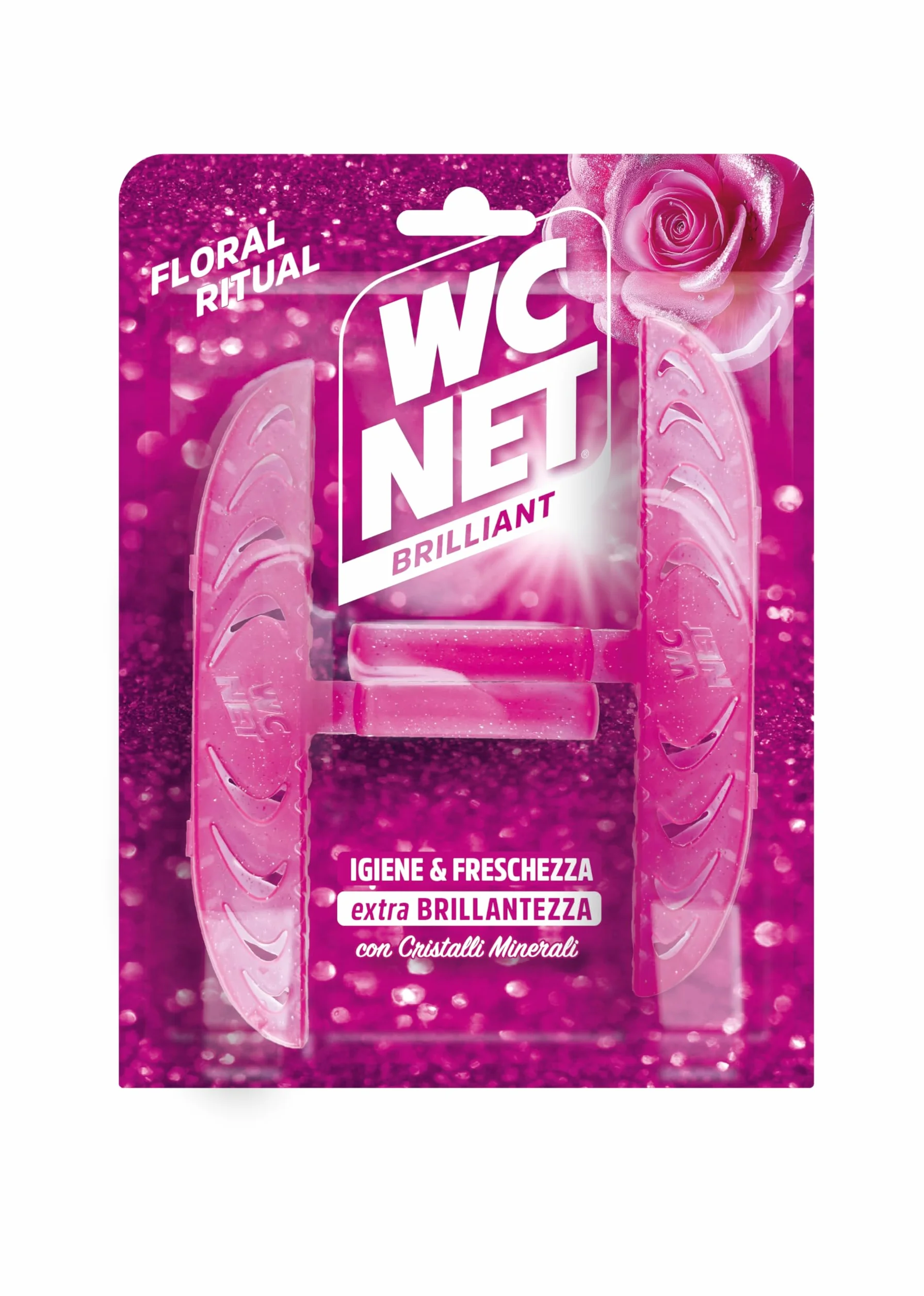 Wc Net - Tavoletta Brilliant Floral Ritual, Detergente Igienizzante Solido per Wc, Igiene, Texture Glitterata e Piacevole profumo di Lunga Durata, 2 Pezzi