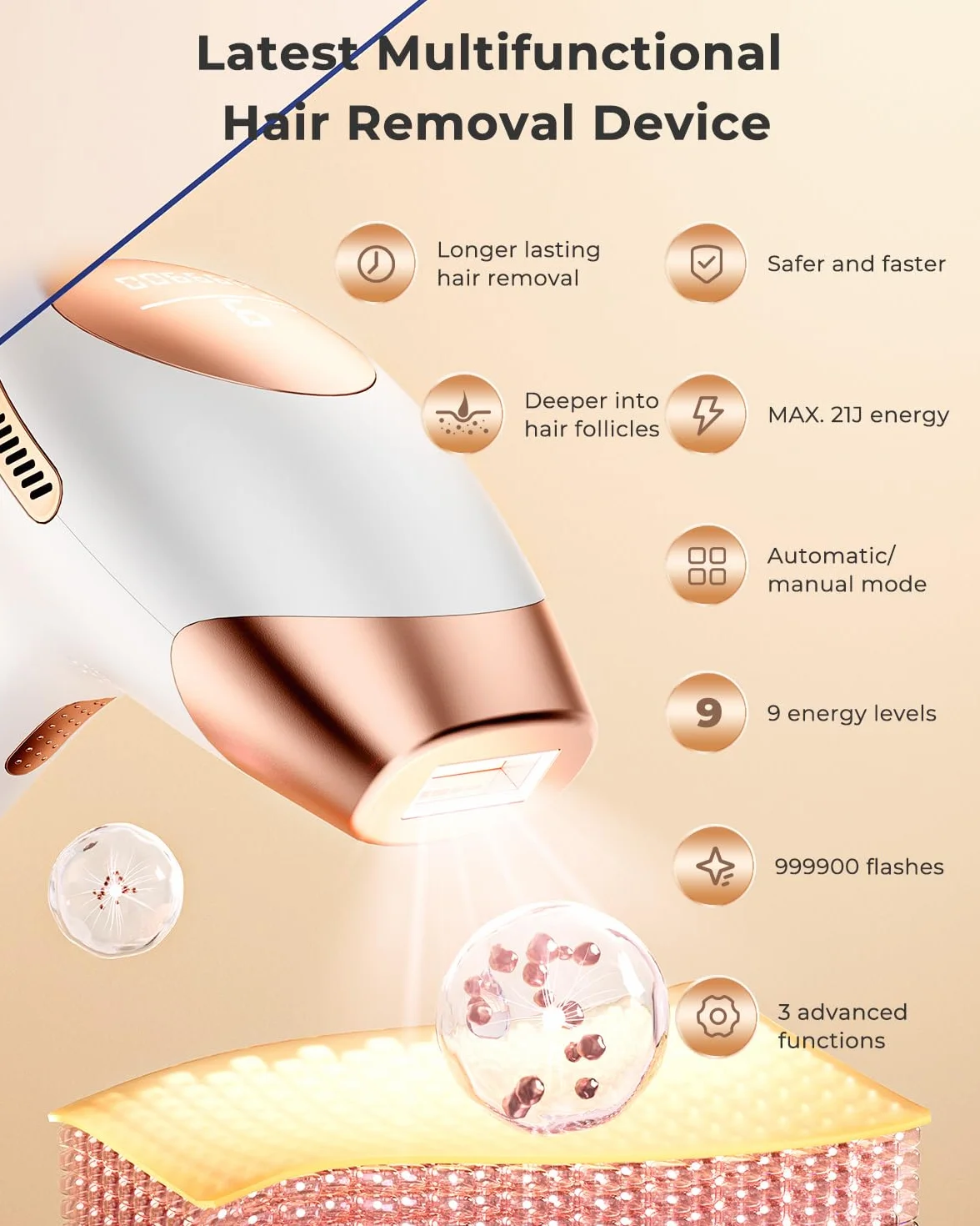 IPL Epilatore Luce Pulsata, 3 in 1 Laser Epilatore a Luce Pulsata Efficiente 600NM-1200NM Laser Depilazione, 9 livelli di Energia, 999,900 Luce Pulsata per Donne, Viso, Ascelle, Corpo