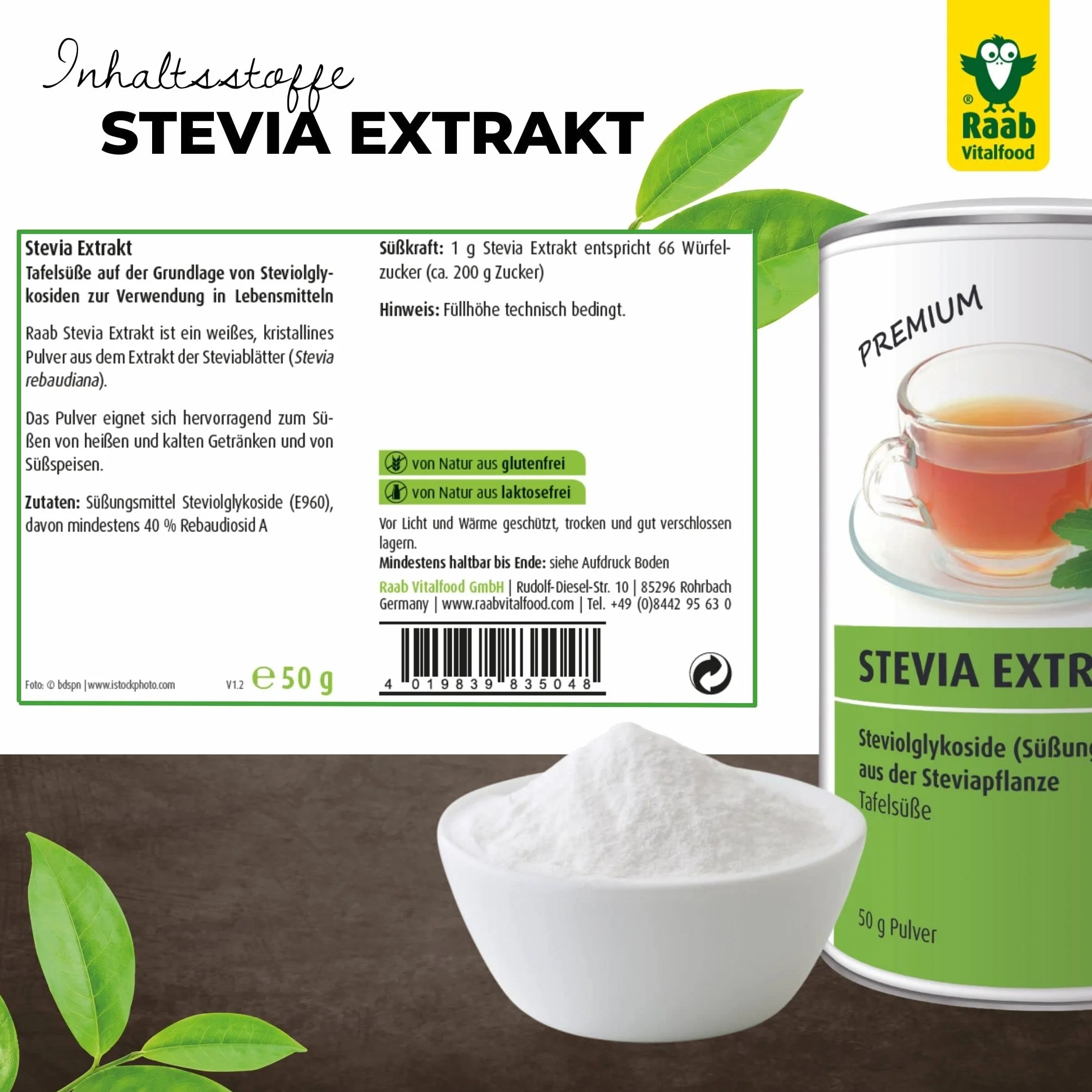 Raab, Dolcificante a base di estratto di stevia in polvere bio, 50g