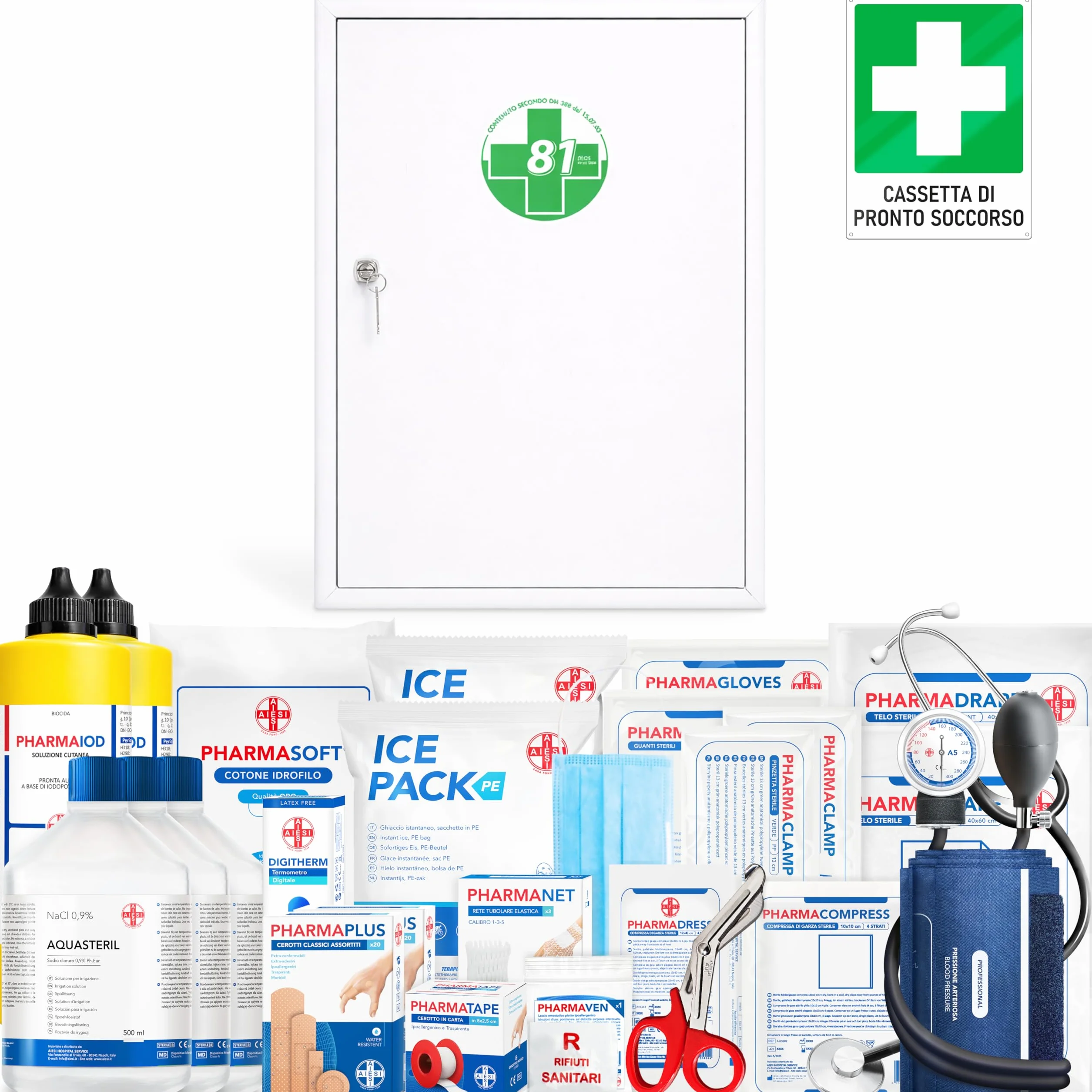 AIESI® Armadietto di pronto soccorso metallo con sfigmomanometro per aziende DM388/DL81 Made in Italy