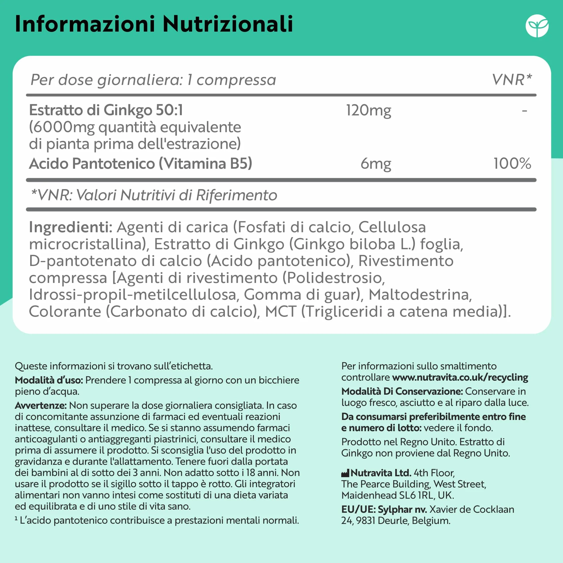 Nutravita Ginkgo Biloba 6000 mg 365 Compresse Vegane Integratore Alimentare con Vitamina B5 Estratto 50:1