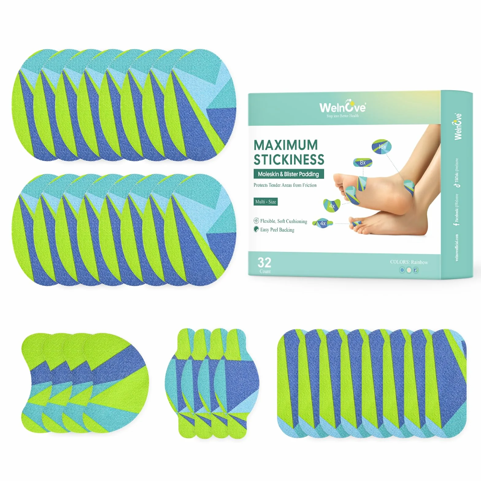 Welnove Moleskin Adhesive Pads for Feet,Blister Bandages for Feet, Mole Skin Patch for Feet Heels, Skin Tape Stickers for Feet - 32 Sheets of 4 Shapes, Patterned