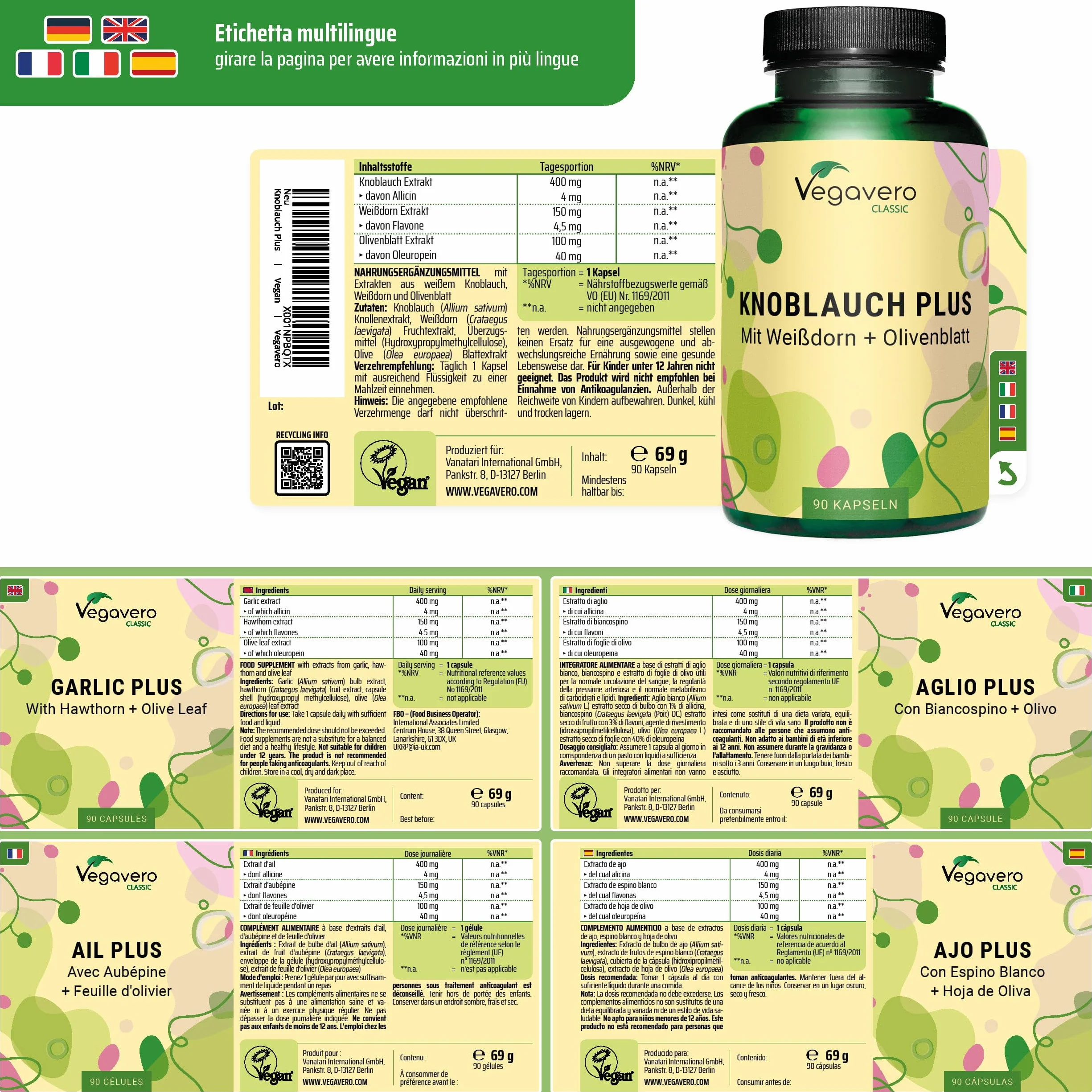 Aglio + Biancospino + Ulivo Vegavero® | Estratti titolati: 1% di Allicina, 3% di Flavoni e 40% Oleuropeina | Integratore in Capsule per la Pressione Sanguigna* | Vegan
