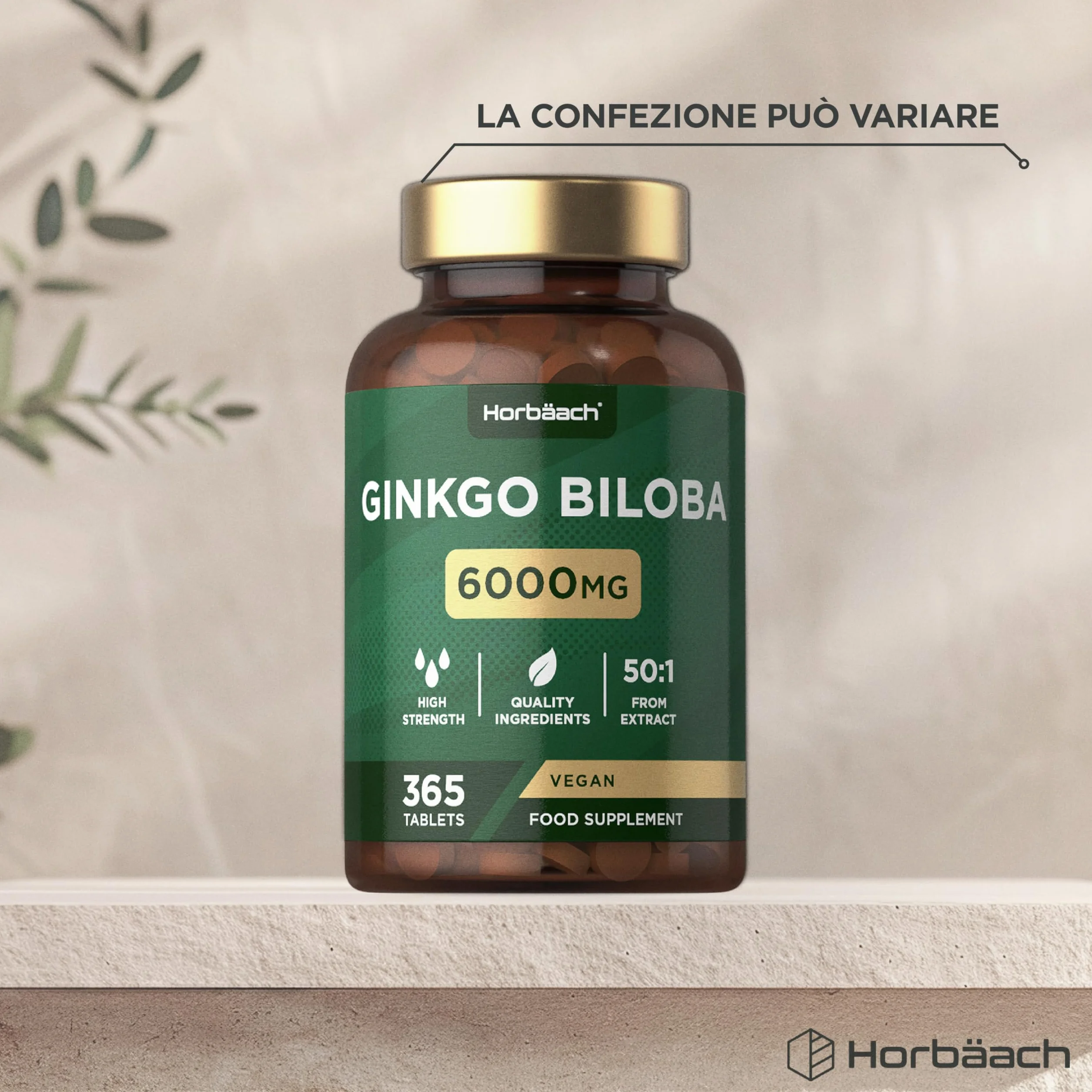 Horbaach Ginkgo Biloba 6000mg 365 Compresse Vegane Estratto 50:1 Alto Dosaggio