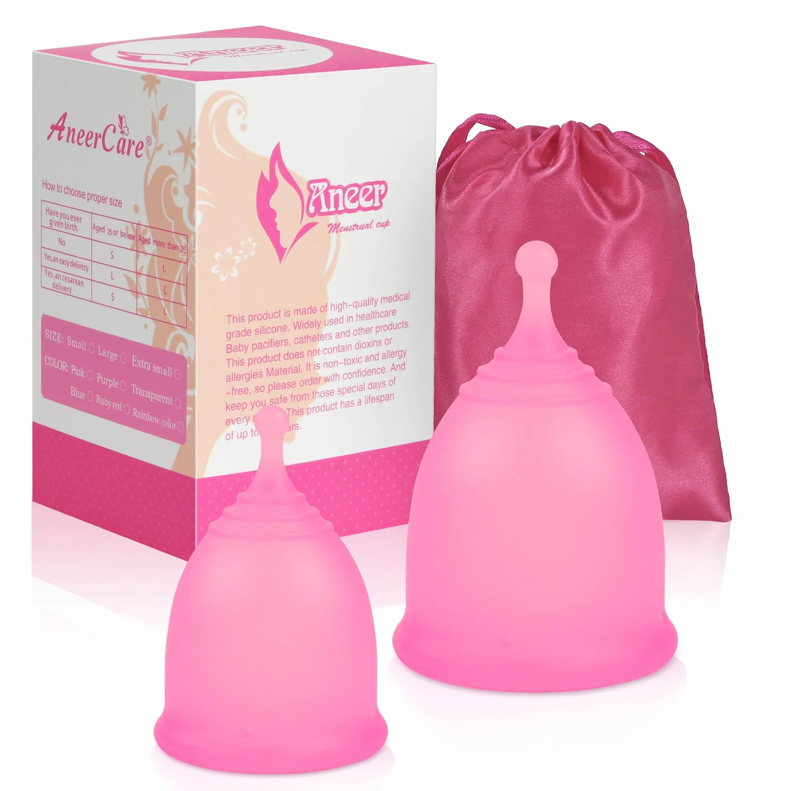 ACWOO Coppetta Mestruale, 2 PCS Menstrual Cup in Silicone Medicale, Anallergica, Riutilizzabile Coppette Mestruali,1 Borsa da Trasporto, Coppa Mestruale per Igiene Intima, Morbido Comoda