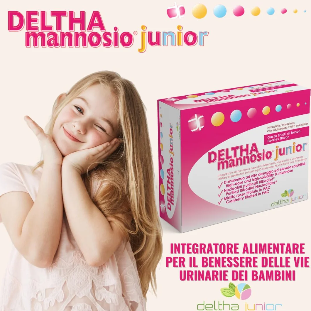 DELTHAmannosio Junior D Mannosio alto dosaggio 500mg Mirtilli rossi e nucleotidi purificati Made in Italy per le vie urinarie dei bambini