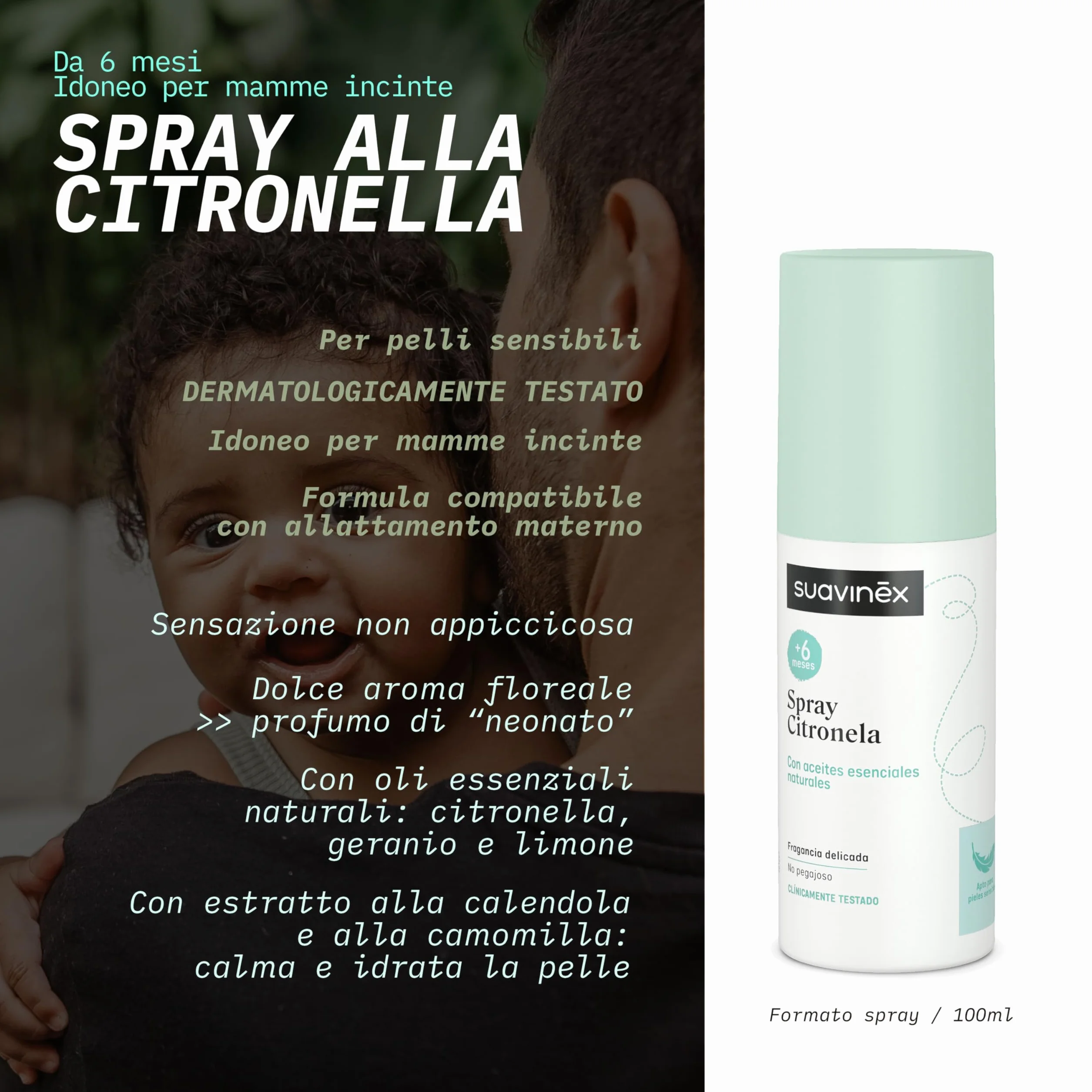 Suavinex Spray alla Citronella Repellente Zanzare Oli Essenziali 100 ml Neonati 6 Mesi