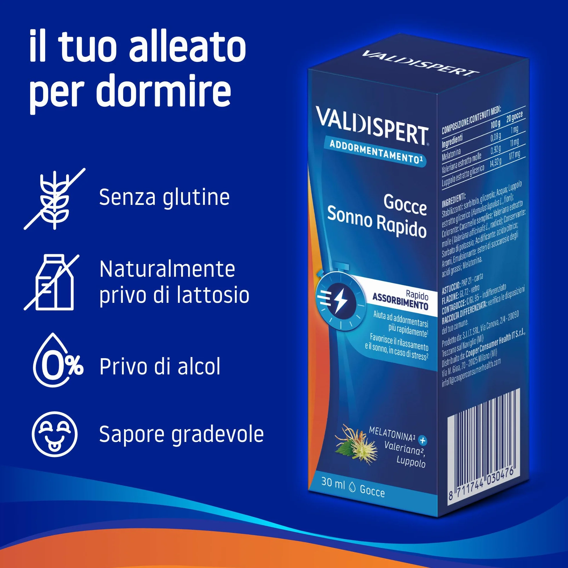 Valdispert Gocce Sonno Rapido Integratore Alimentare Melatonina Valeriana Luppolo 30 ml