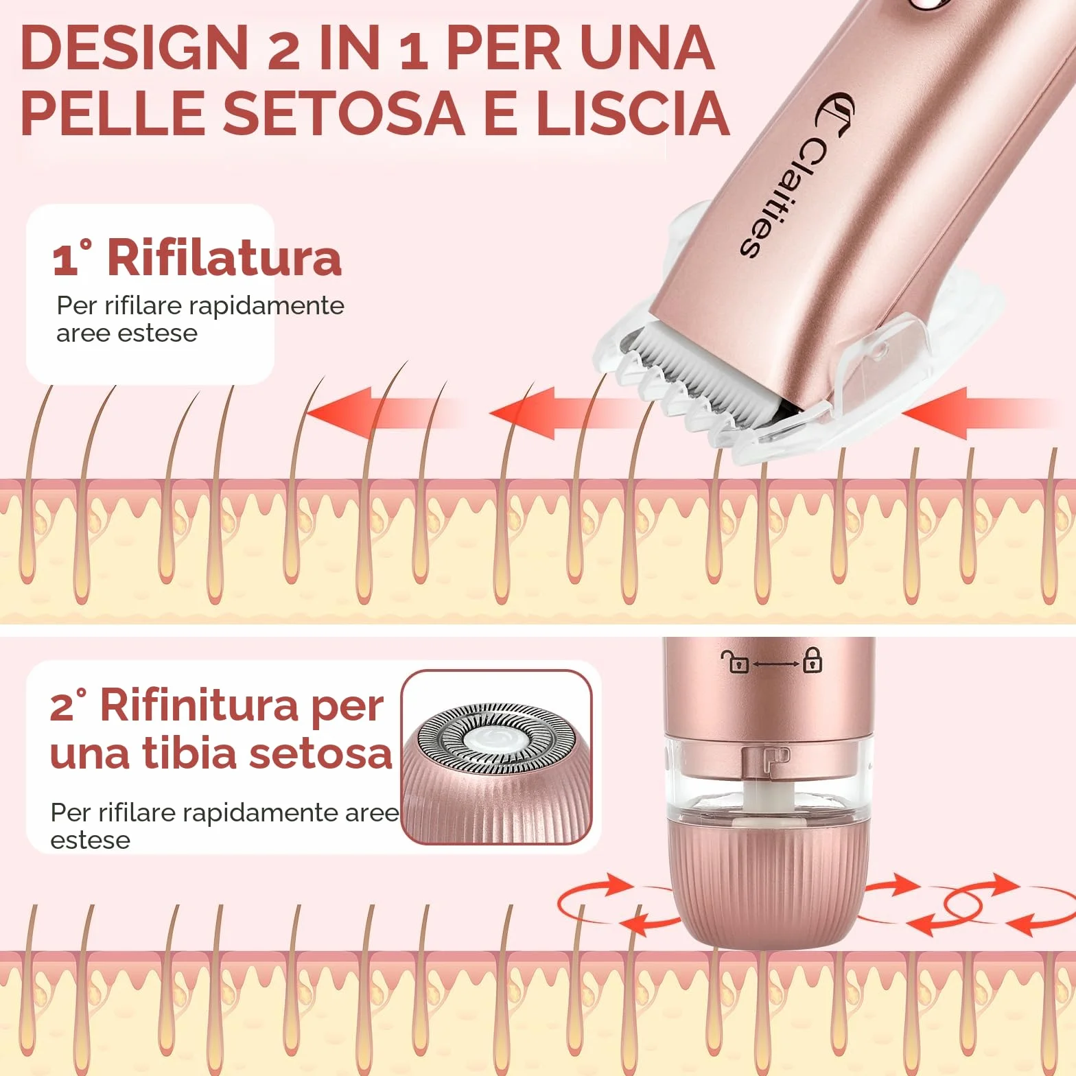 Rasoio elettrico da donna 2 in 1 a doppia testa IPX7 impermeabile per bikini gambe braccia viso