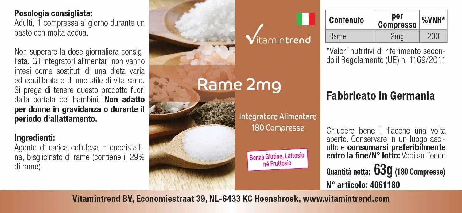 Vitamintrend rame 2 mg, 180 compresse, facili da deglutire, integratore alimentare vegano senza magnesio stearato, prodotto in Germania