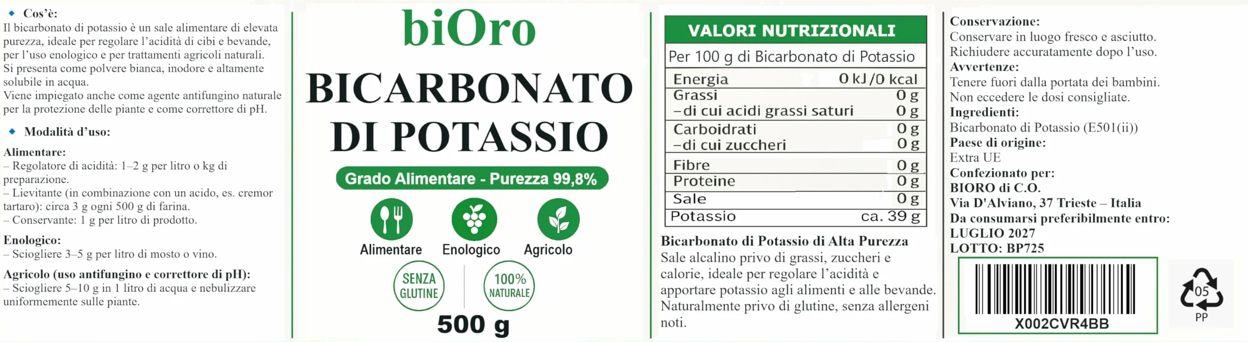 BICARBONATO DI POTASSIO Alimentare biOro 99,8% – 500g – Regolatore Acidità, Antifungino Naturale, Uso Enologico e Agricolo – Grado Alimentare Qualità Premium – Senza Glutine