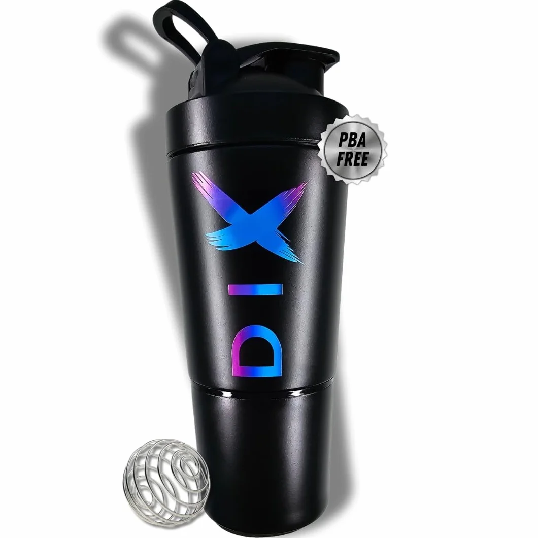 DIX SHAKER proteine 750 ml ✗ In acciaio inossidabile con scomparto da 60 grammi per polveri ✗ Bottiglia sportiva ✗ Senza BPA - (NOIR)