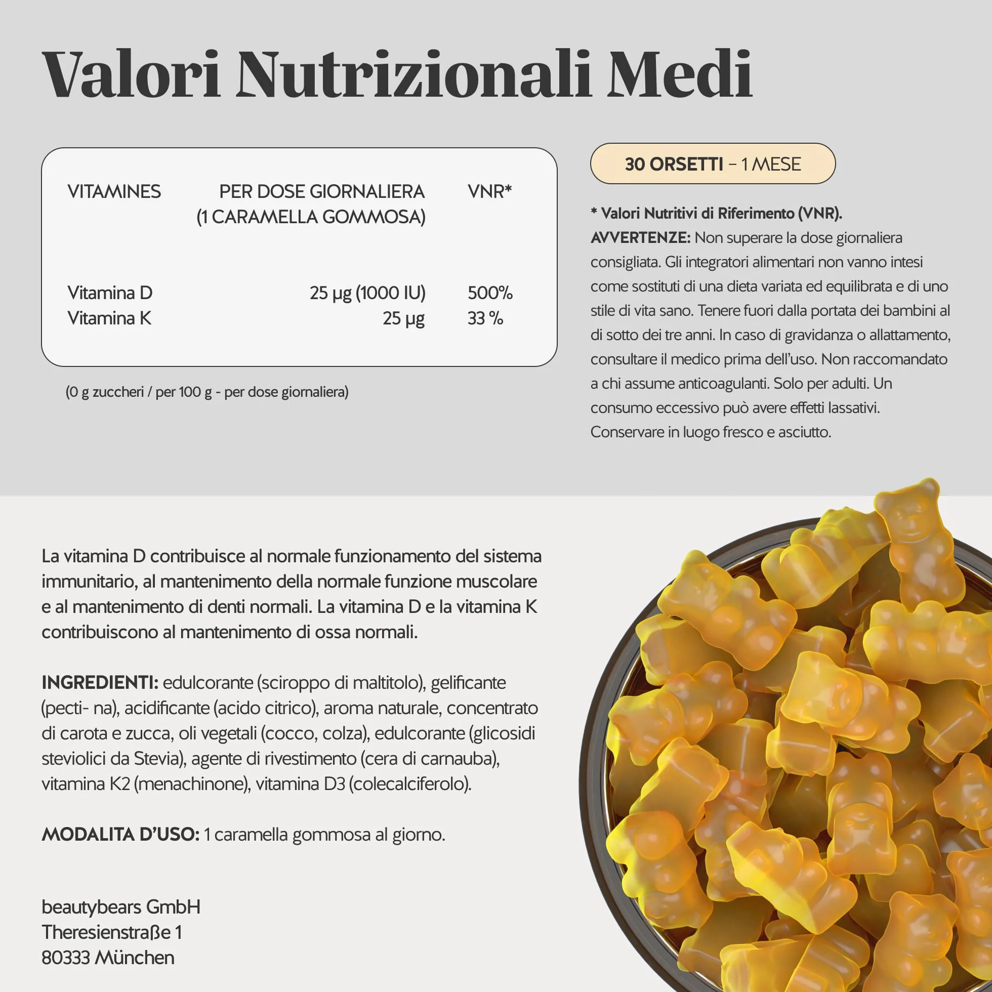 Vitamina D3 K2 - Hey Sunshine – Caramelle gommose con Vitamina D3 25 µg (1000 UI) e K2 – Funzione normale del sistema immunitario – 30 pezzi (1 mese) – Senza zucchero, Vegane – Bears with Benefits