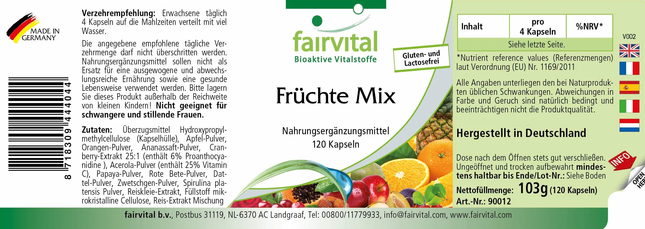 Fairvital Mix di Frutta, 120 capsule, Vegano, Polvere Multivitaminica Naturale con Estratto di Mirtillo Rosso, Acerola, Spirulina