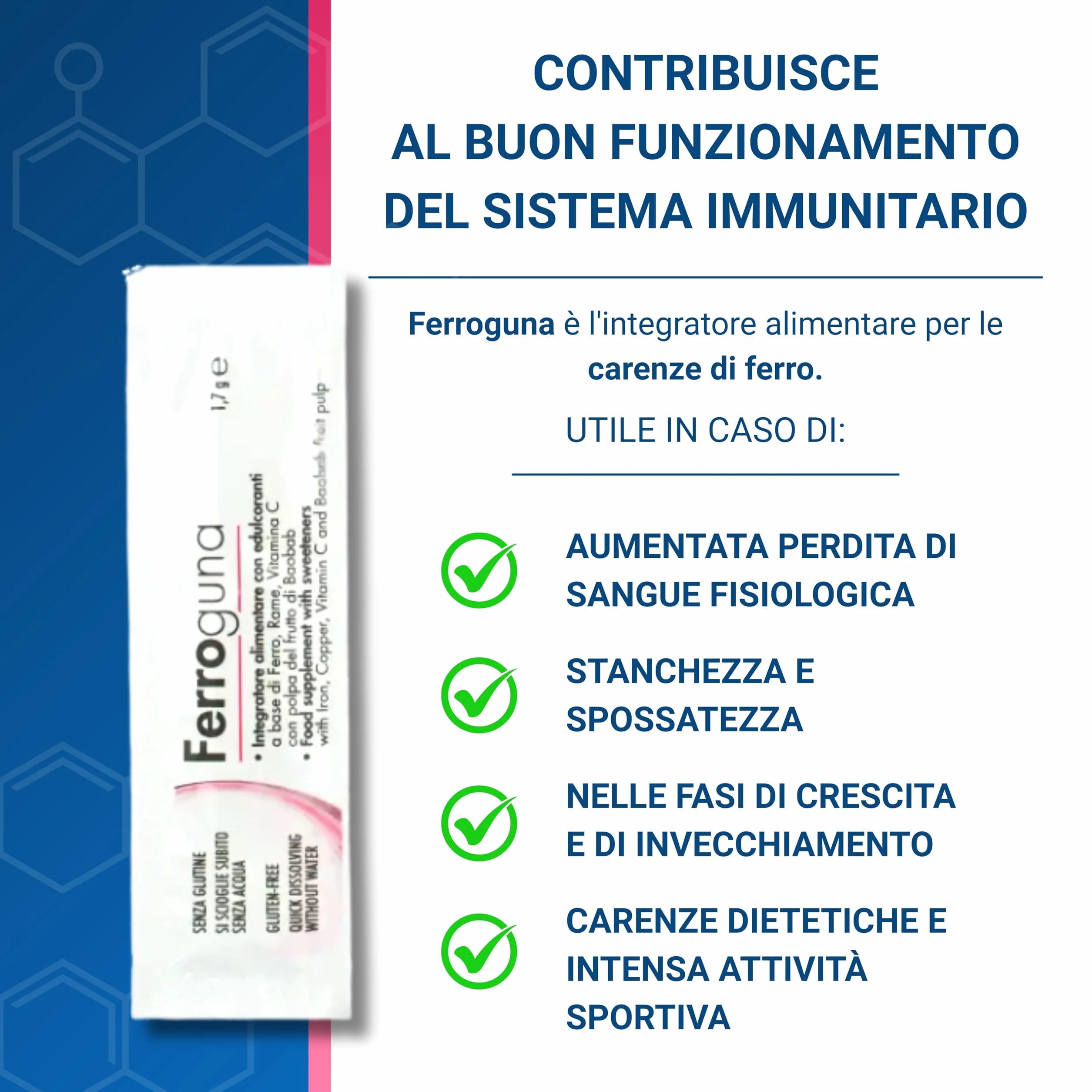 GUNA Ferroguna 28 Bustine Orosolubili - Integratore Alimentare a Base di Ferro, Rame, Vitamina C, con Polpa Disidratata del Frutto del Baobab