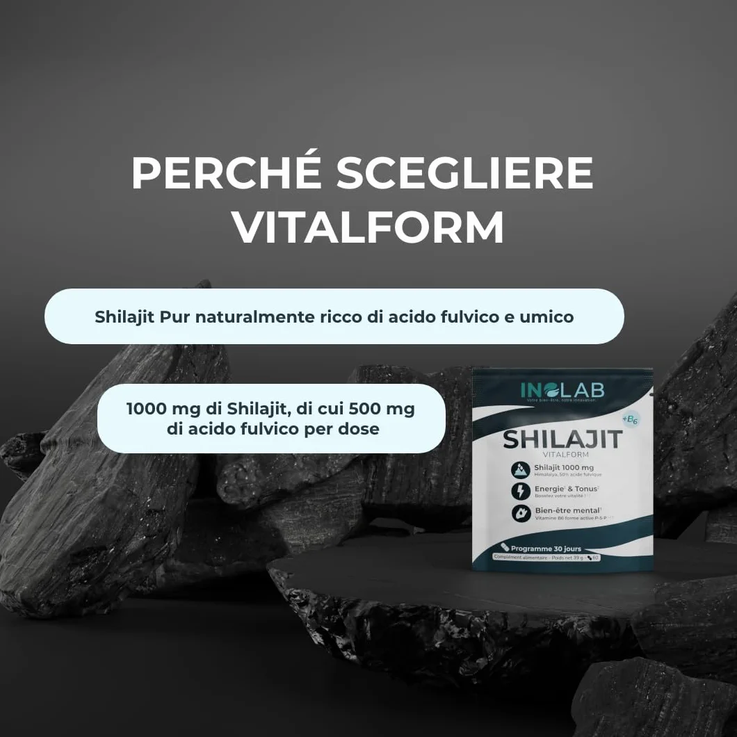 INOLAB Shilajit Puro Originale Himalaya | Titolato al 50% in Acido Fulvico I Integratore per Energia, Equilibrio ormonale, Vitalità maschile e Benessere Mentale I Shilajit Mumijo Capsule Vegan