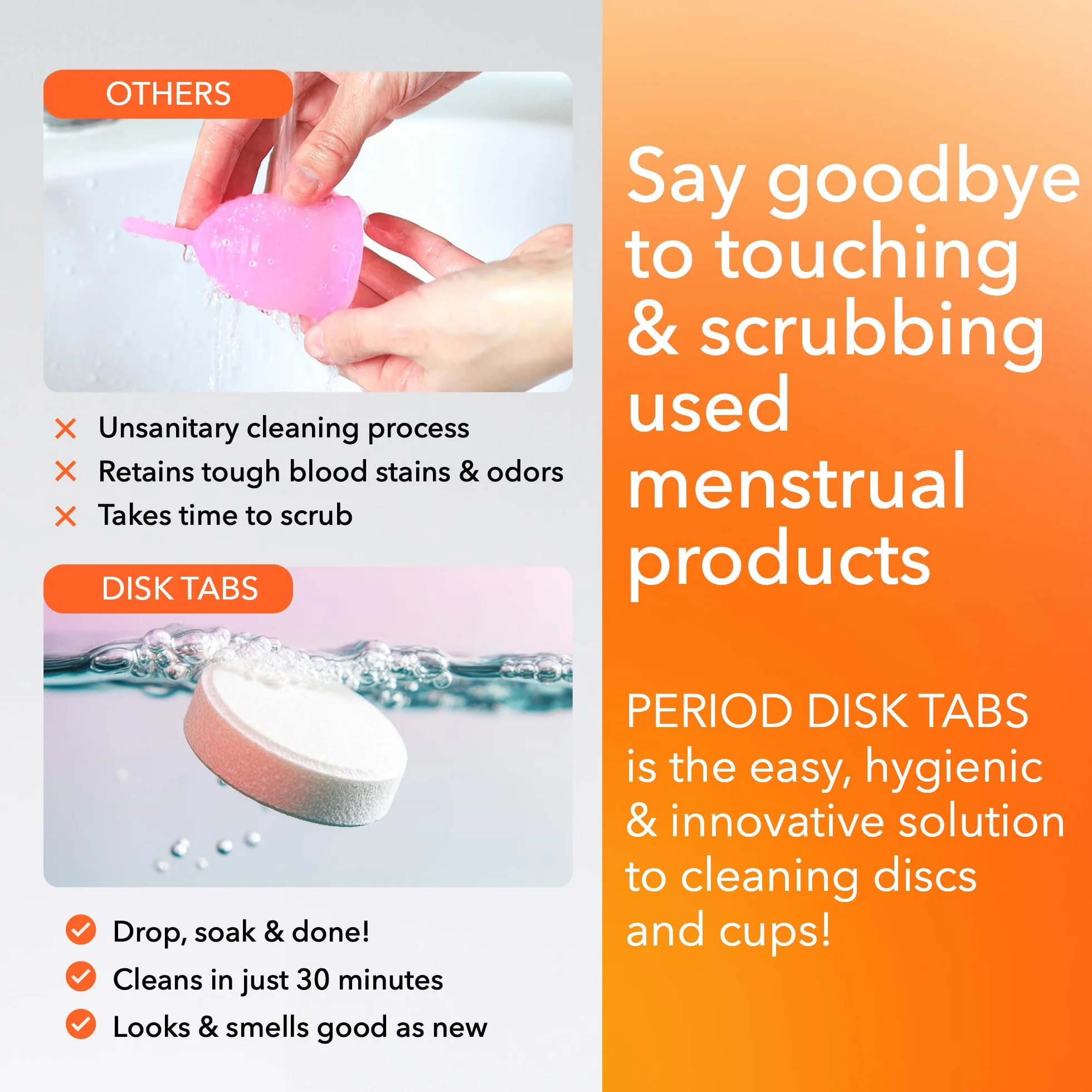 PERIOD Disk Tabs – Pulizia naturale per tazze mestruali e dischi mestruali – Rimuove macchie e odori ostinati senza danneggiare dischi e tazze – 6 mesi scorte