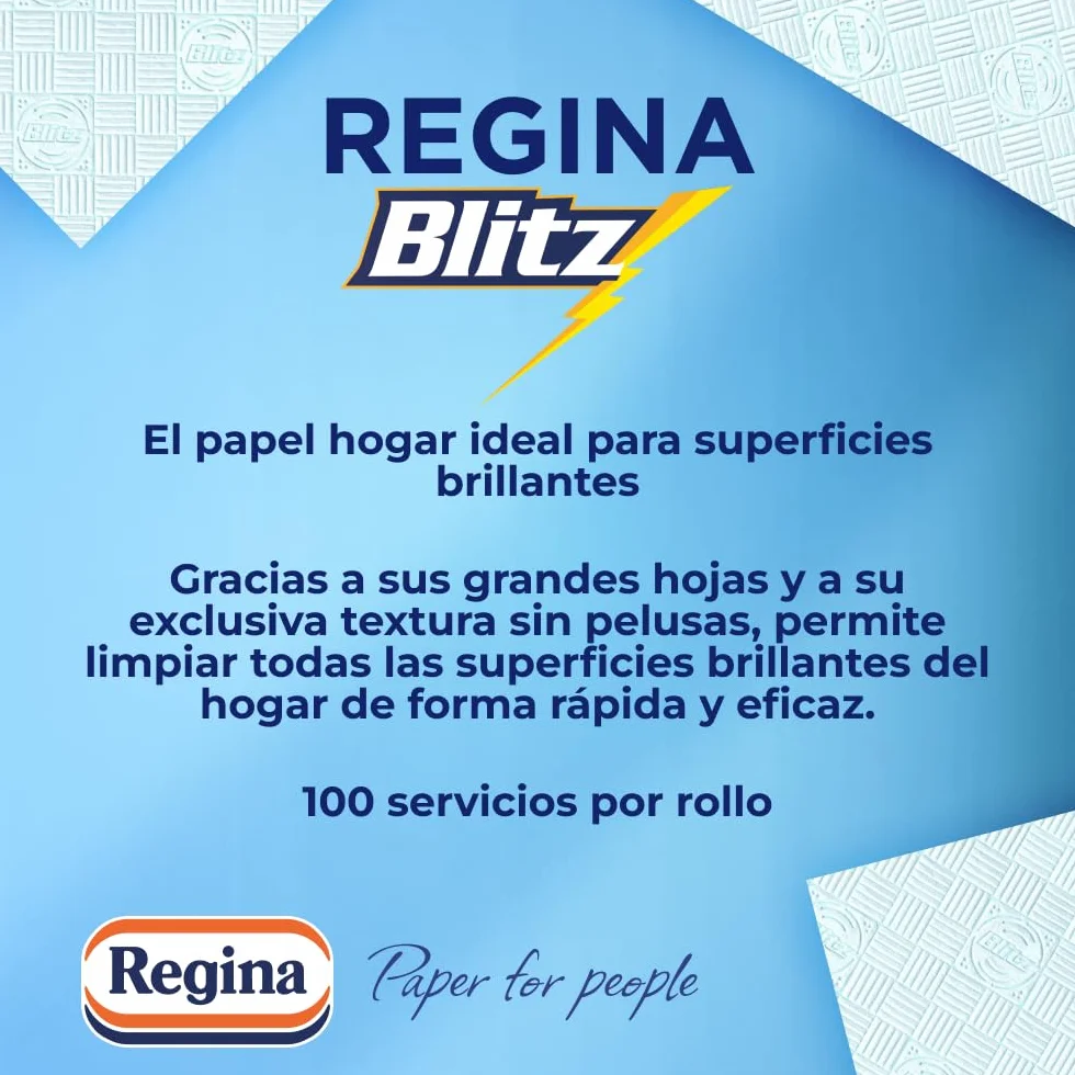 Regina Blitz - Carta da cucina | 5 rotoli | 100 fogli a 3 strati | Ideale per la pulizia delle superfici domestiche | senza pelucchi | Imballaggio in carta riciclabile | Carta 100% certificata FSC