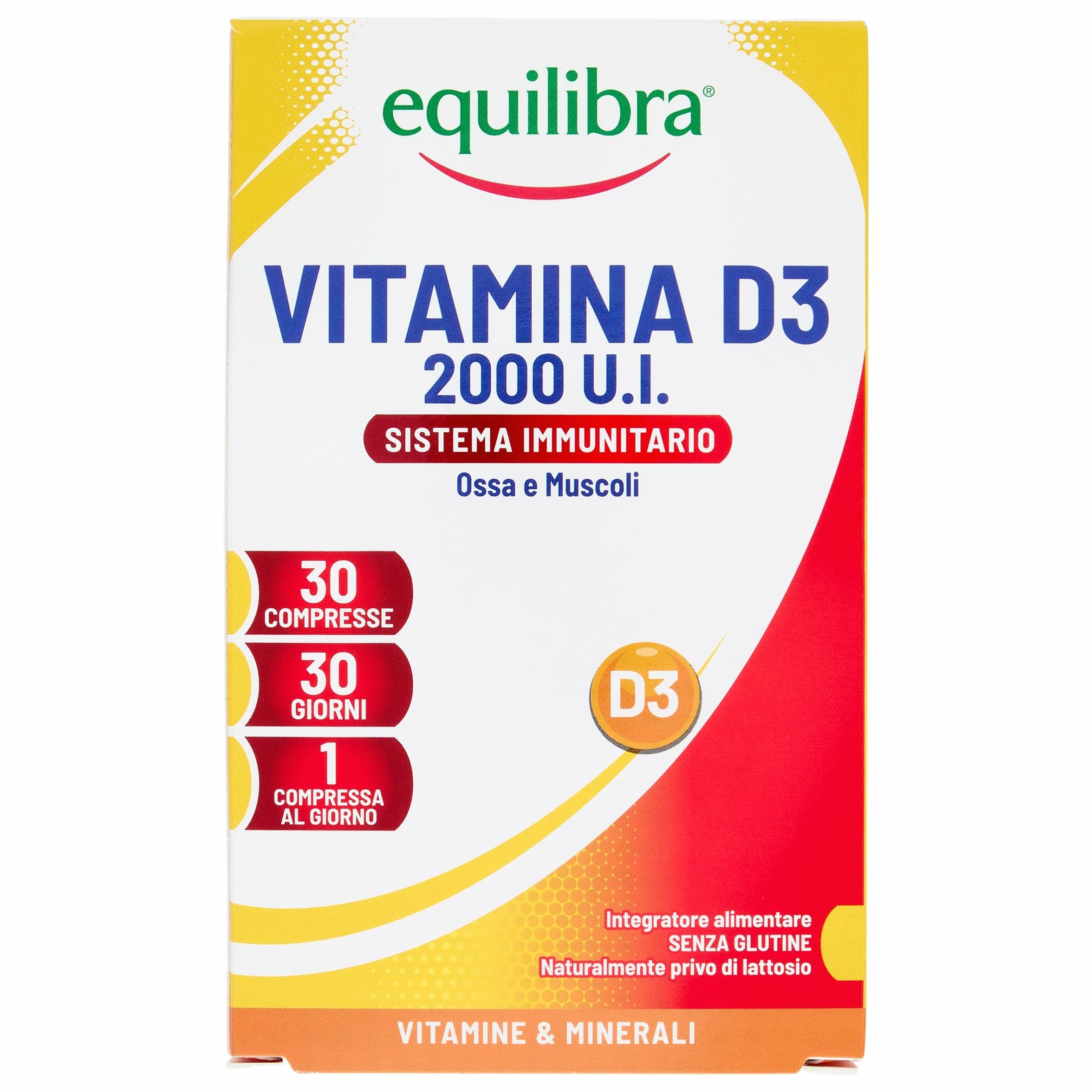 Equilibra Integratori Alimentari, Vitamina D3, Integratore Vitamina D3 per la Normale Funzione del Sistema Immunitario, per il Mantenimento di Ossa Normali, 2000 UI, 30 Compresse Altodosate