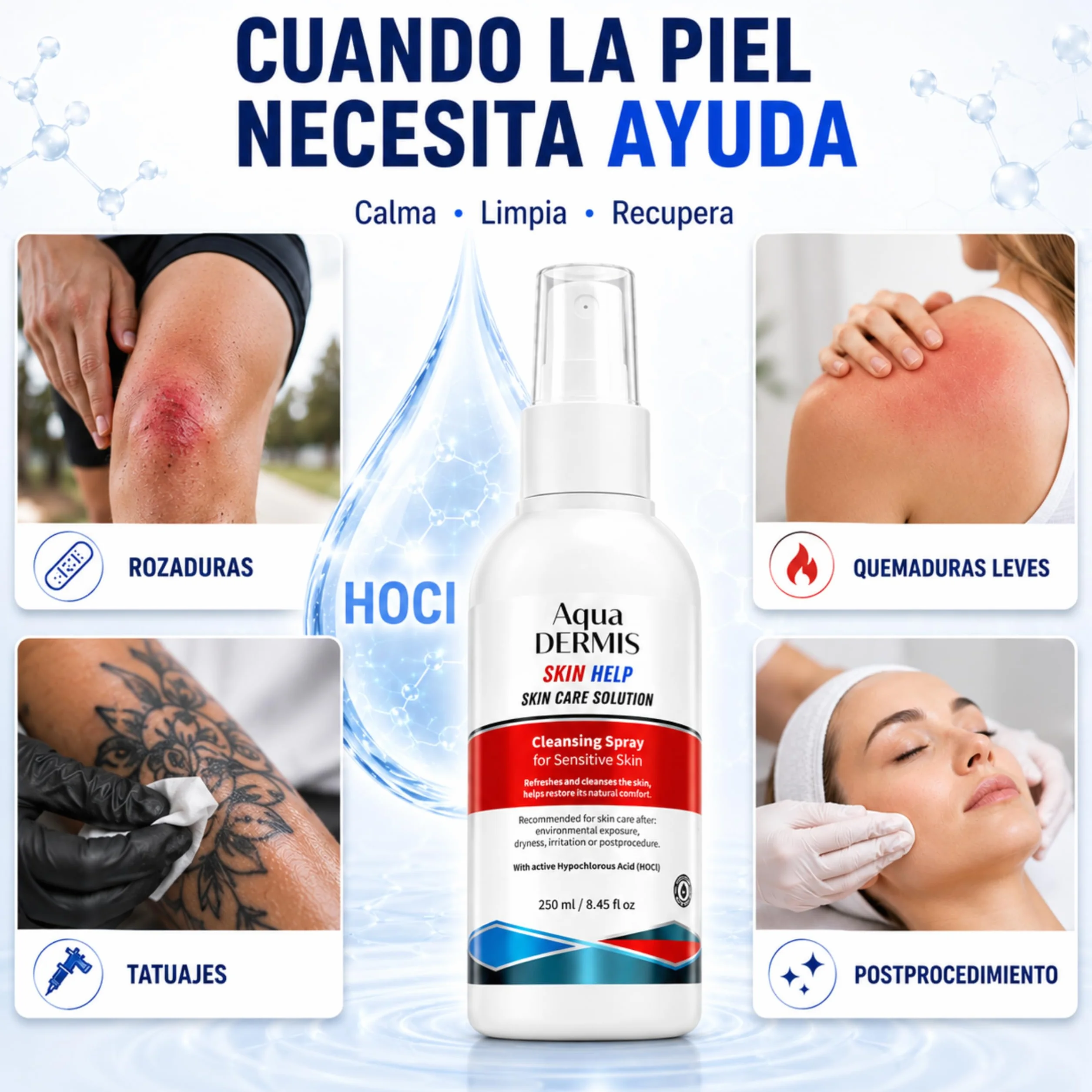 Spray per terapia delle ferite con acido ipocloroso, disinfettante naturale per ferite, ustioni, acne, eczema e tatuaggi, senza alcool, sicuro per pelli sensibili, 250 ml