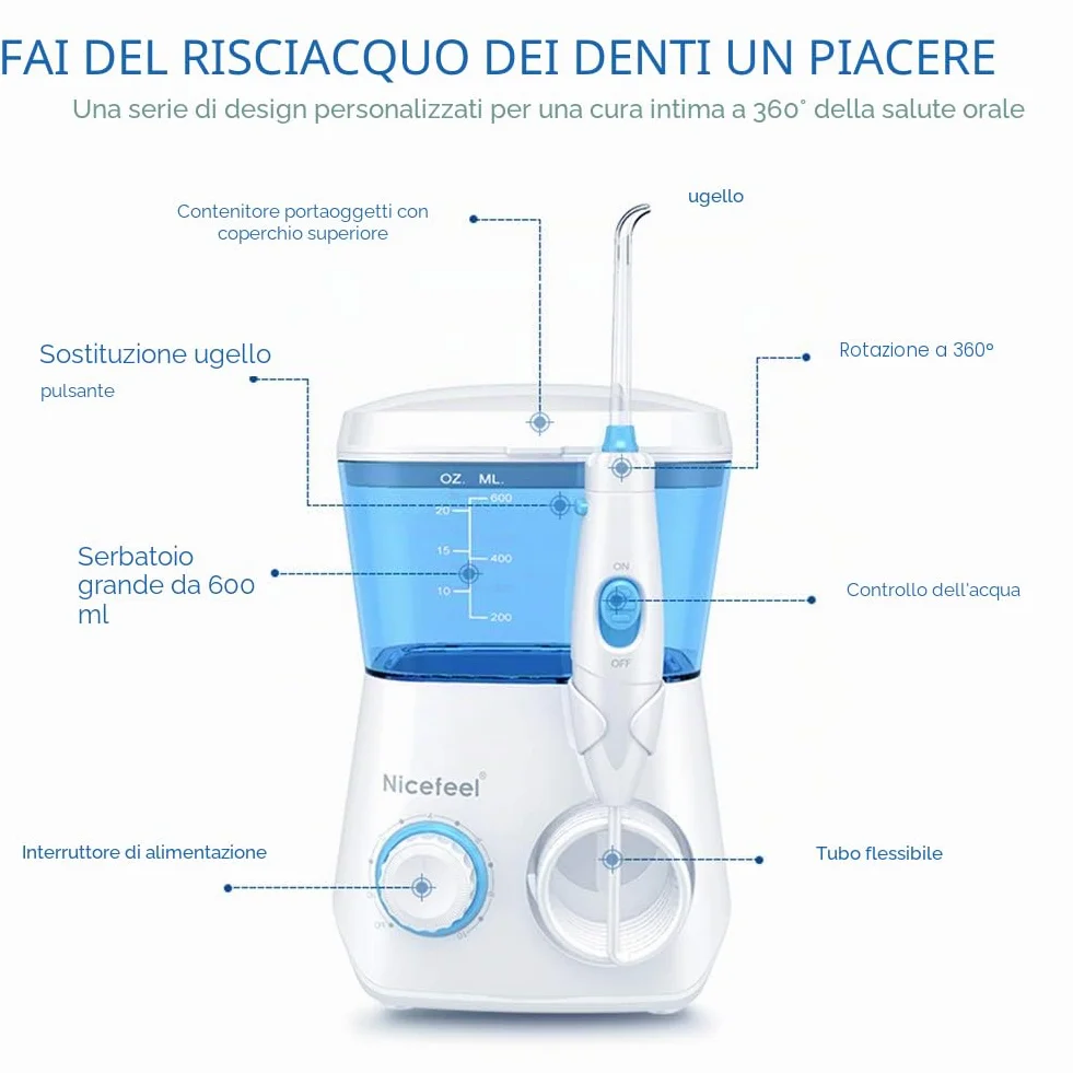 Idropulsore Dentale, TUREWELL Irrigatore Orale Getto Acqua Denti da Capacità 600ml con 10 Impostazioni, Pulizia Doccetta Idropulitore Dentale con 8 Becchucci per Cura Famiglia Dentale