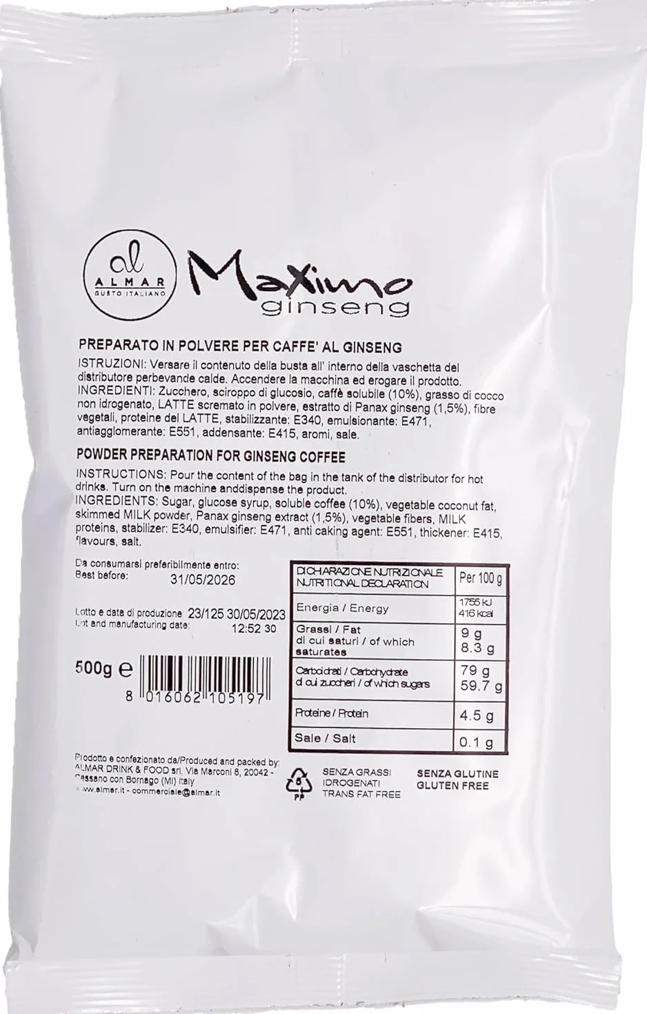 Almar Caffè Ginseng Solubile in Polvere Gusto INTENSO Senza Glutine, Busta 500g, 100% Made in Italy