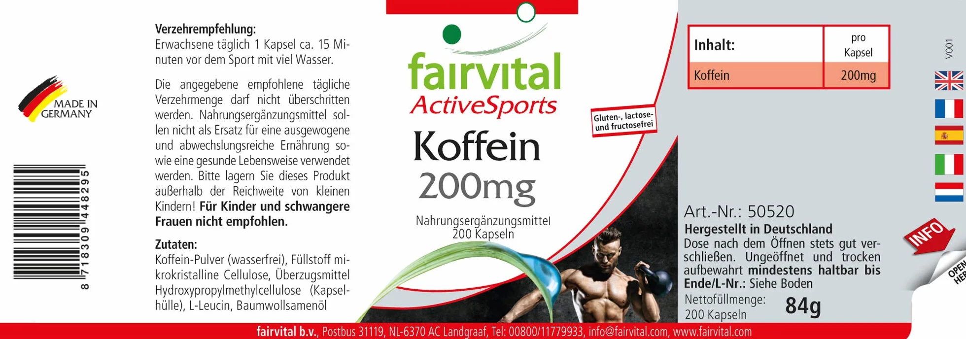Fairvital Capsule di caffeina 200 mg, 200 capsule vegane ad alto dosaggio